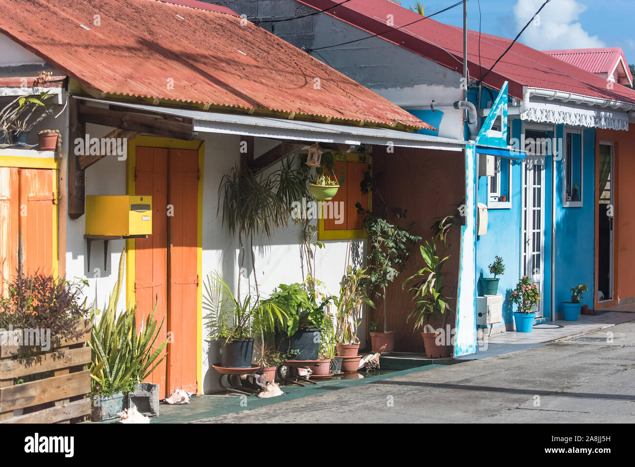 Typical colorful houses in MarieGalante island in Guadeloupe Stock