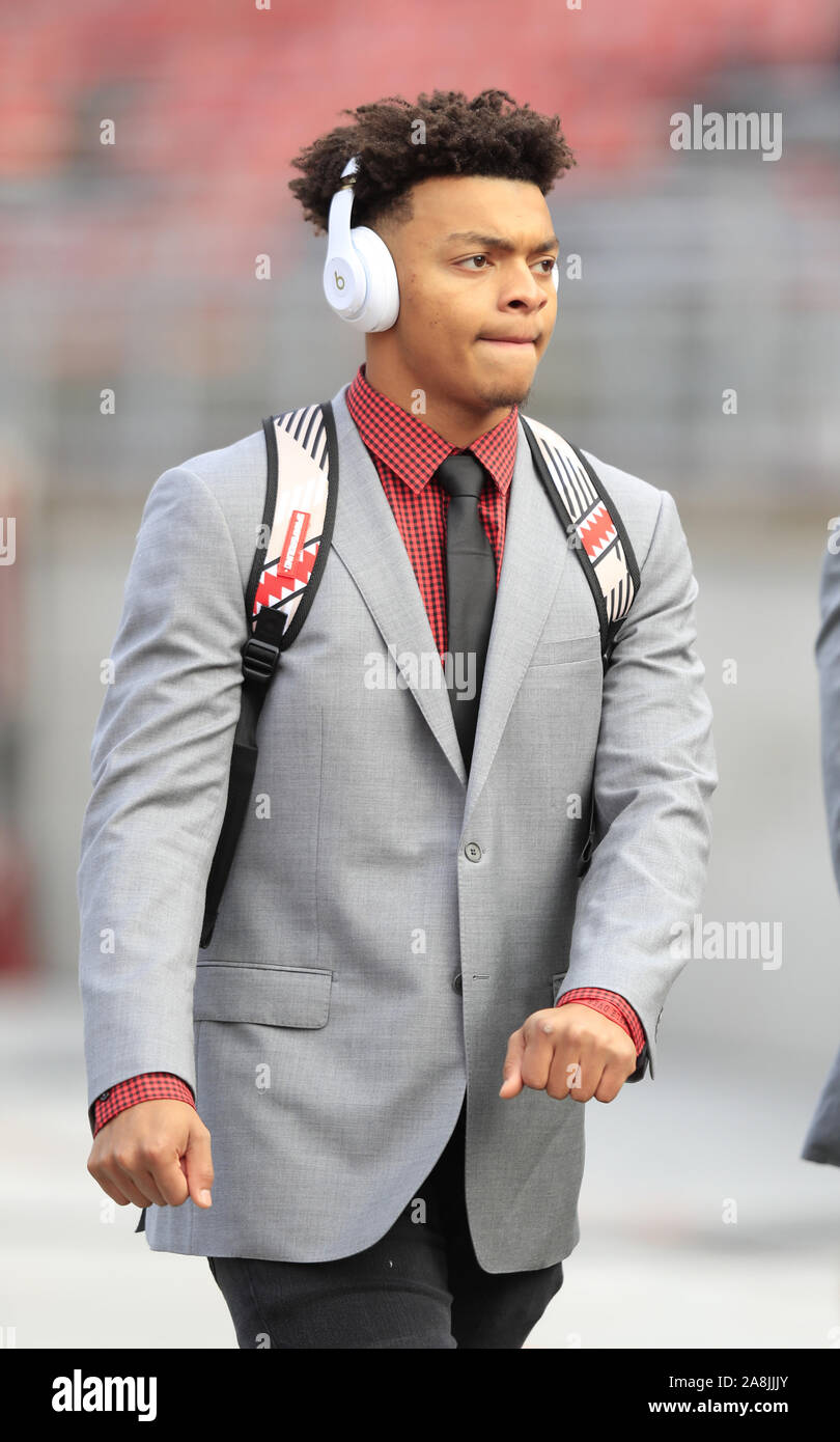 Columbus, United States. 09th Nov, 2019. Ohio State Buckeye's quarterback Justin Fields (1) walks in to Ohio Stadium for a game against the Maryland Terrapins Saturday, November 9, 2019 in Columbus, Ohio. Photo by Aaron Josefczyk/UPI Credit: UPI/Alamy Live News Stock Photo
