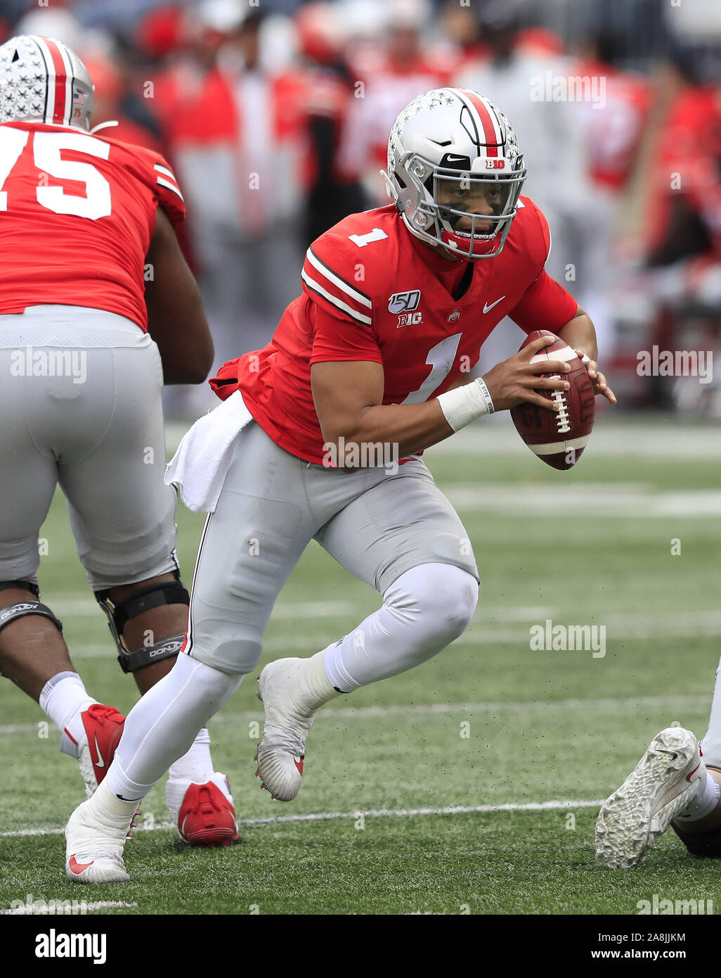 Columbus, United States. 09th Nov, 2019. Ohio State Buckeye's Justin Fields (1) runs against the Maryland Terrapins in the first half Saturday, November 9, 2019 in Columbus, Ohio. Photo by Aaron Josefczyk/UPI Credit: UPI/Alamy Live News Stock Photo