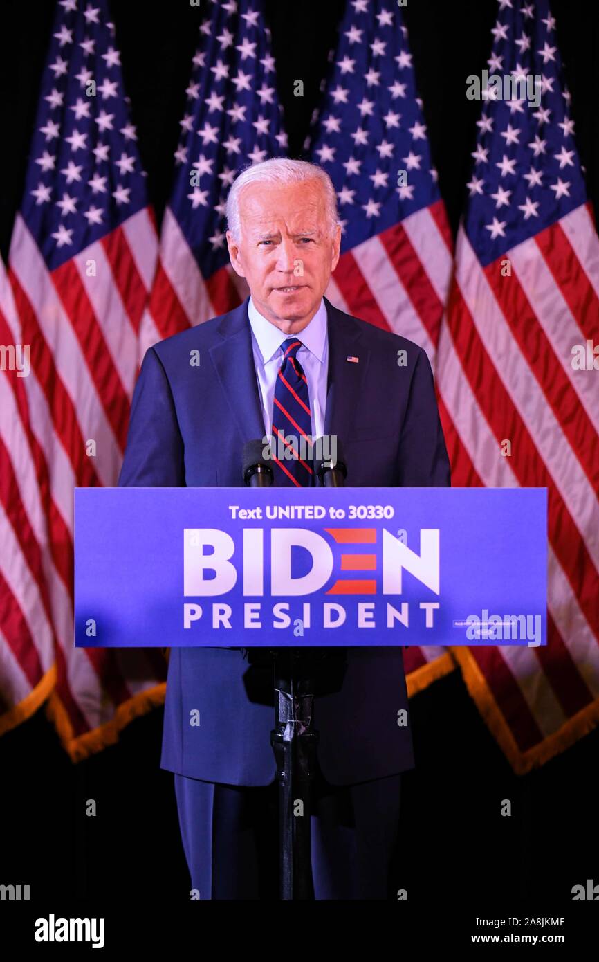 U.S. President Joe Biden delivers a statement on Donald Trump and the Ukraine allegations at the historic Hotel Dupont in Wilmington Delaware - Credit Stock Photo