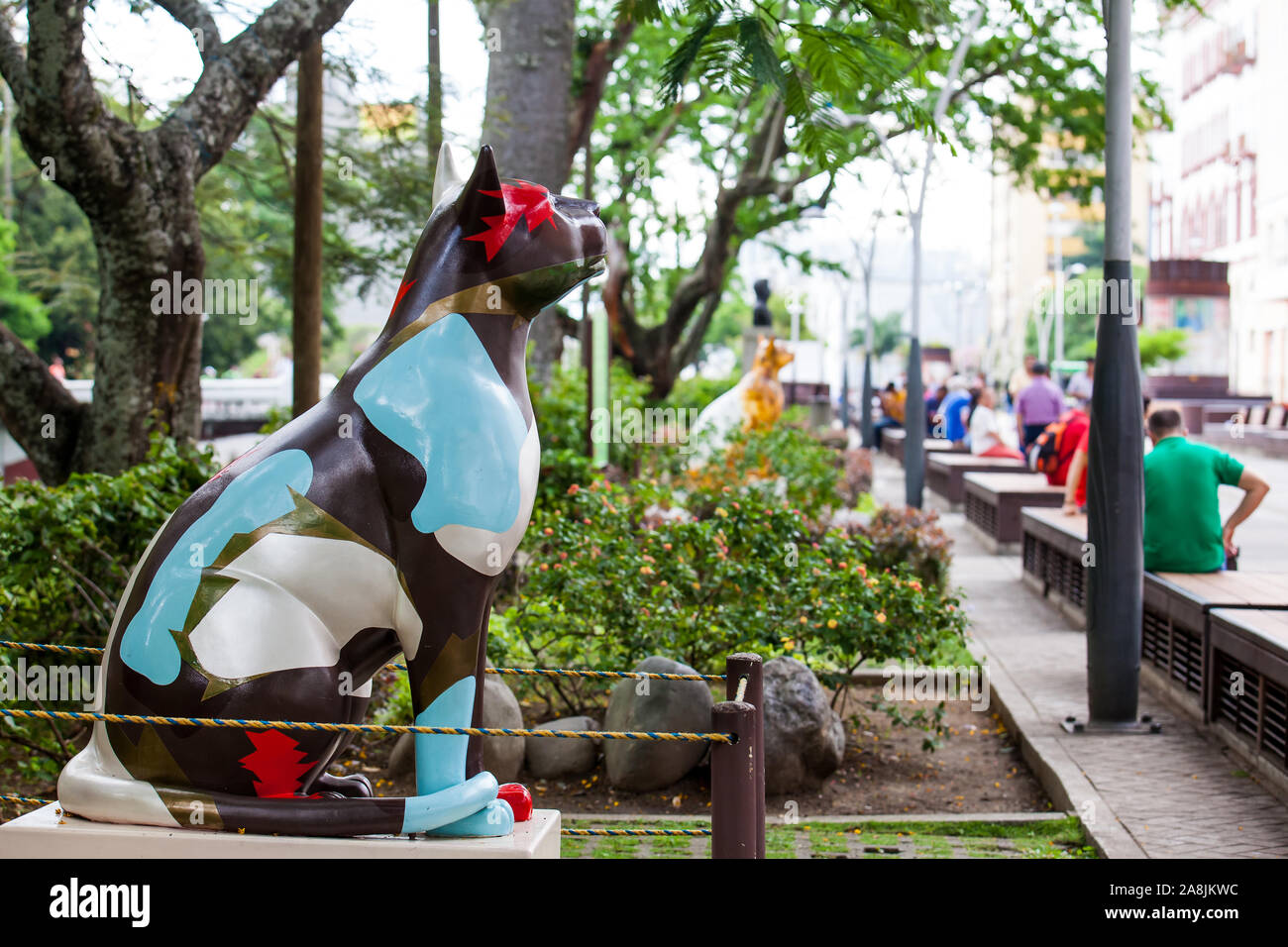 CALI, COLOMBIA - OCTOBER, 2019: One of the group of statues of cats located at the River Boulevard in Cali Stock Photo