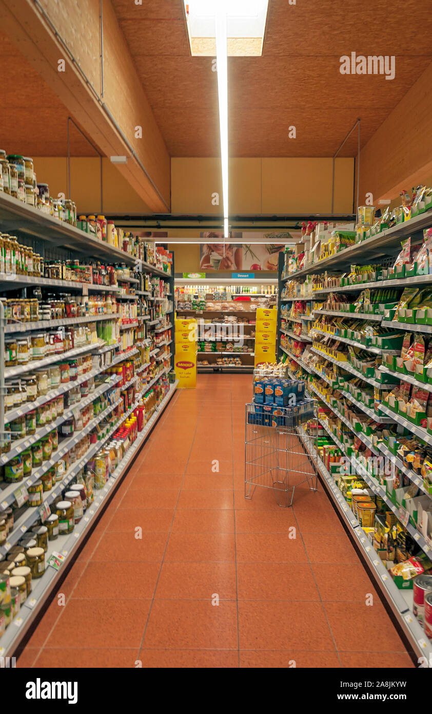 Vienna, AustriaSeptember 2015. Interior of a supermarket with food