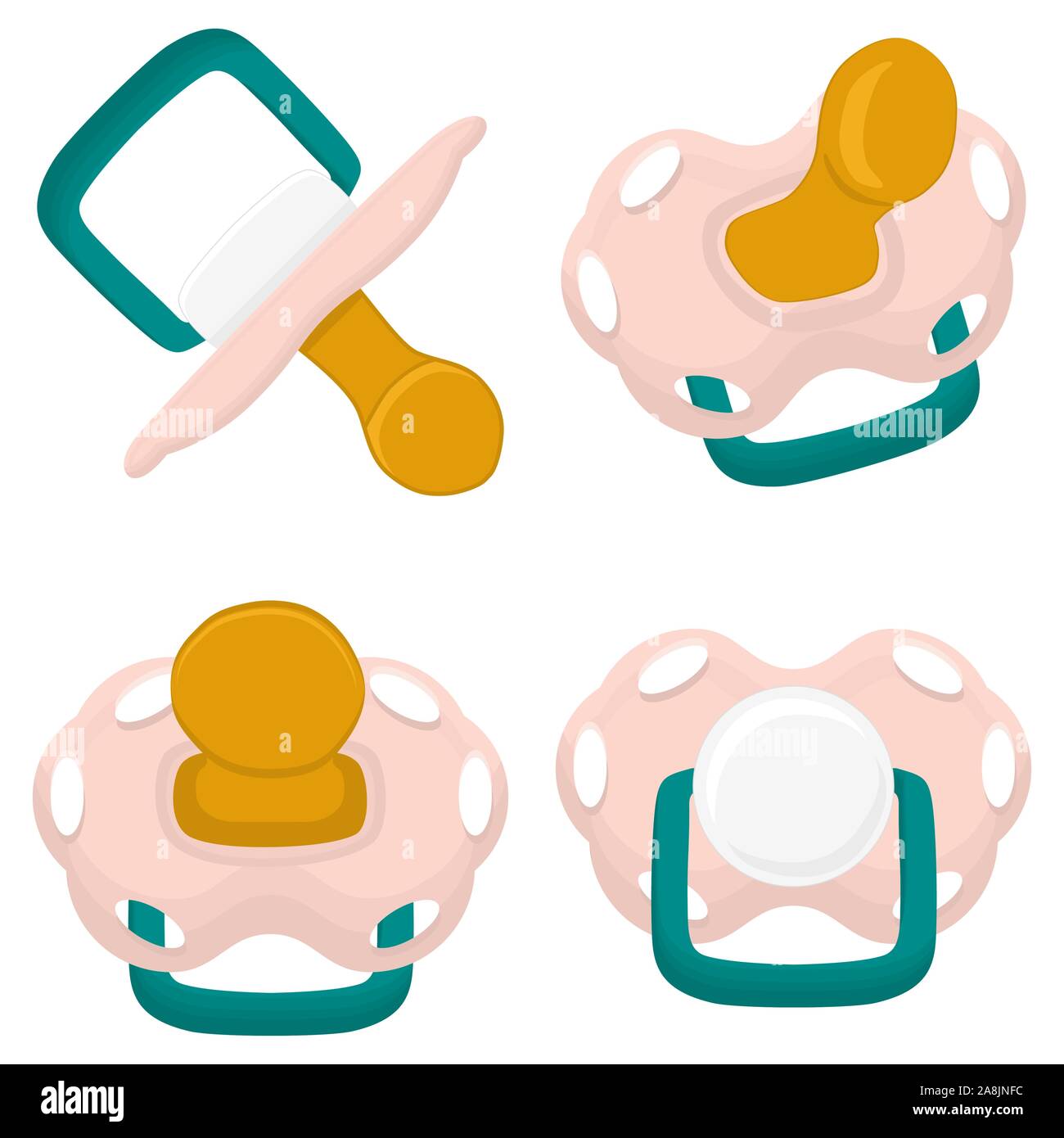 Illustration on theme big colored set baby pacifiers, dummy with rubber