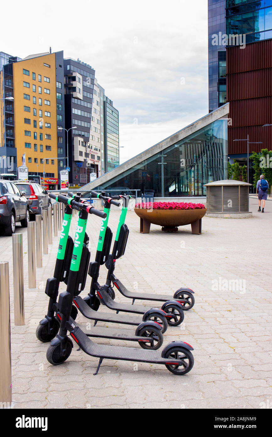 Tallinn, Harjumaa/Estonia-13JUL2019: 4 Bolt rental electric scooters  standing in city center in business district Stock Photo - Alamy