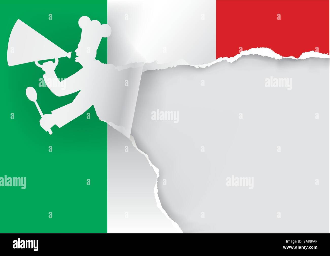 Italian Regional Cuisine promotion template  Illustration of torn paper with Italian flag and cook with megaphone. Place for your text or image.Vector Stock Vector
