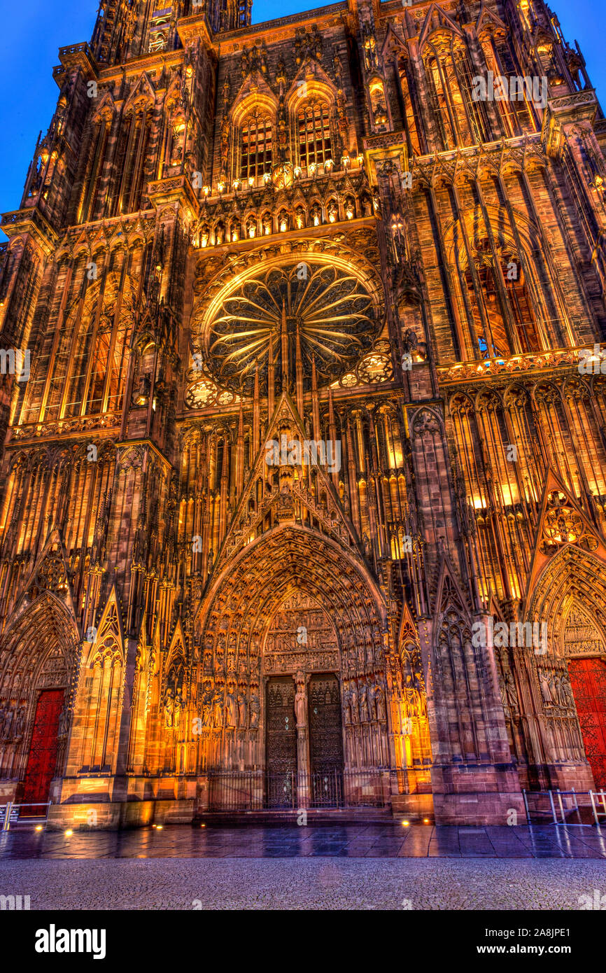 Cathedral of Strasbourg France lit up Stock Photo