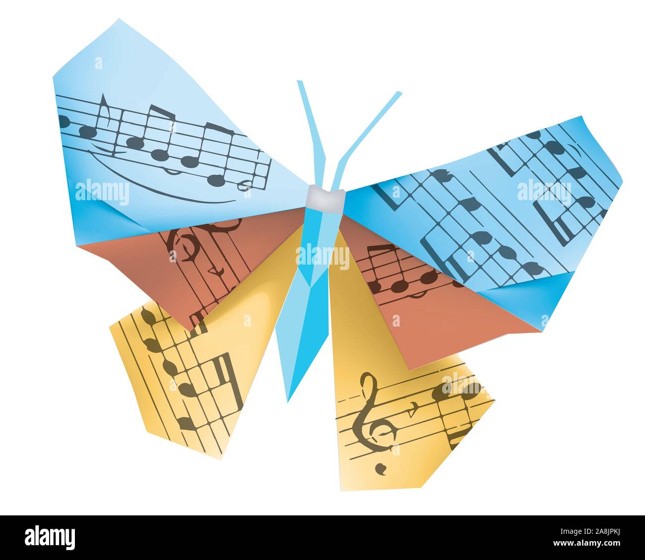Origami butterfly with musical notes.  Illustration of colorful paper origami butterfly with musical notes. Concept for music school.Vector available. Stock Vector