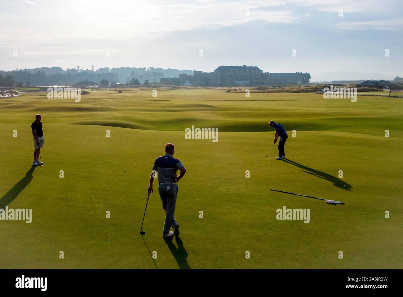 St. Andrews, Scotland/UK-24AUG2019: Golf course of St. Andrews, GOLFINO Clubhouse St. Andrews on the background. Stock Photo