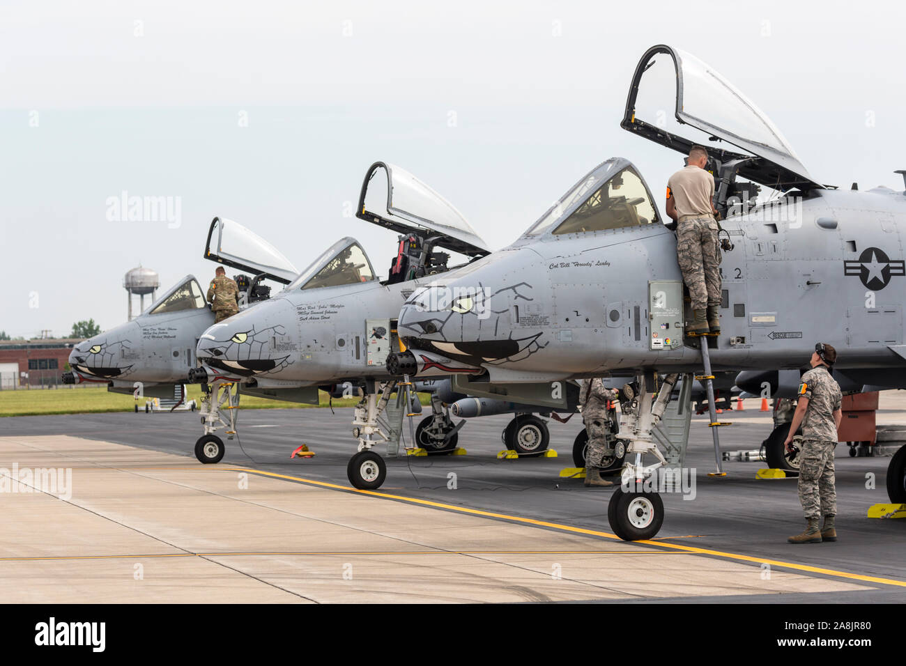 United States Air Force A-10 Thunderbolt II 'Warthogs' on the hot ramp of the 2019 Fort Wayne Airshow. Stock Photo
