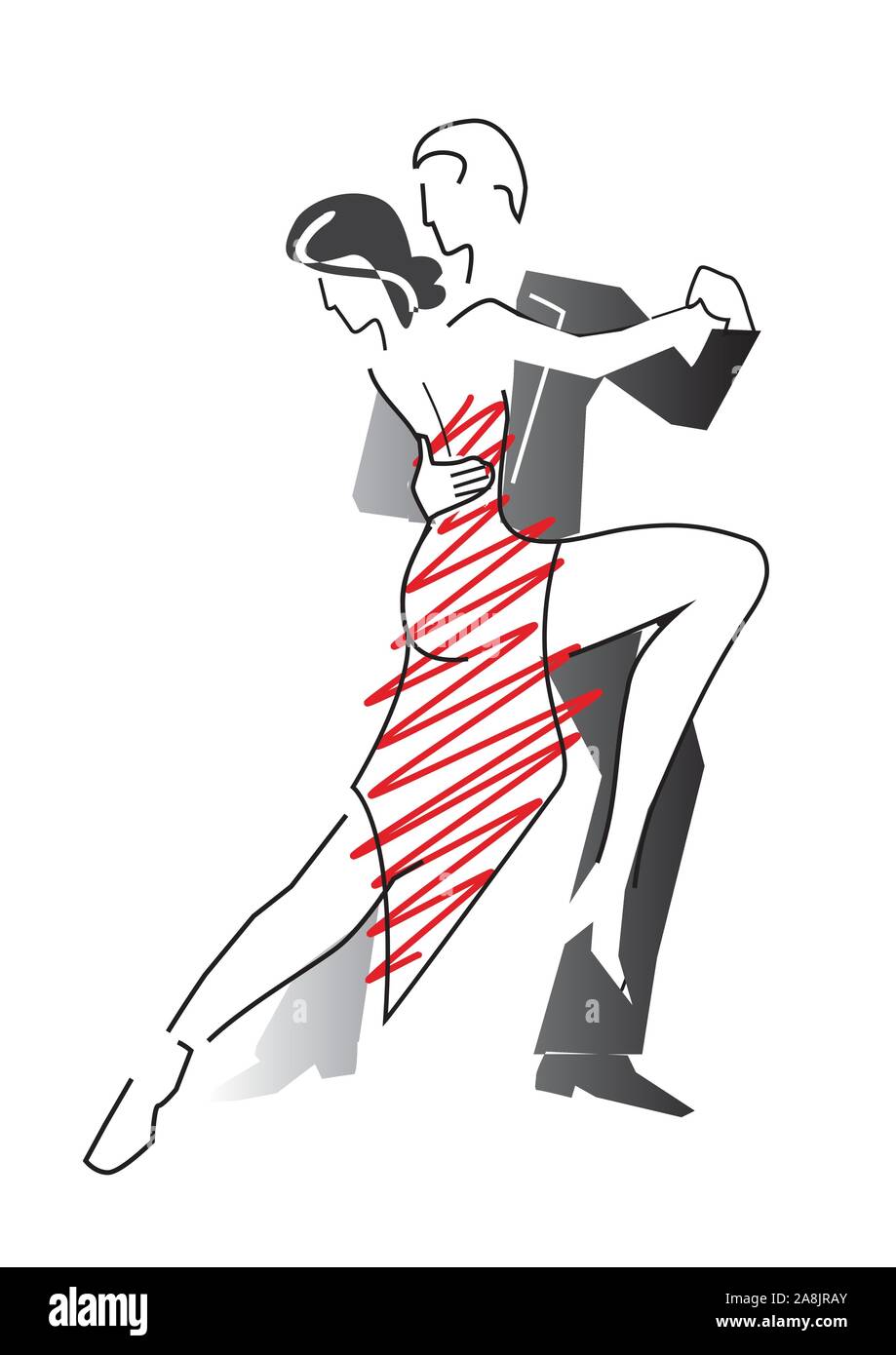 Tango Dancing couples, lineart.  Lineart stylized illustration of young couples dancing tango. Vector available. Stock Vector