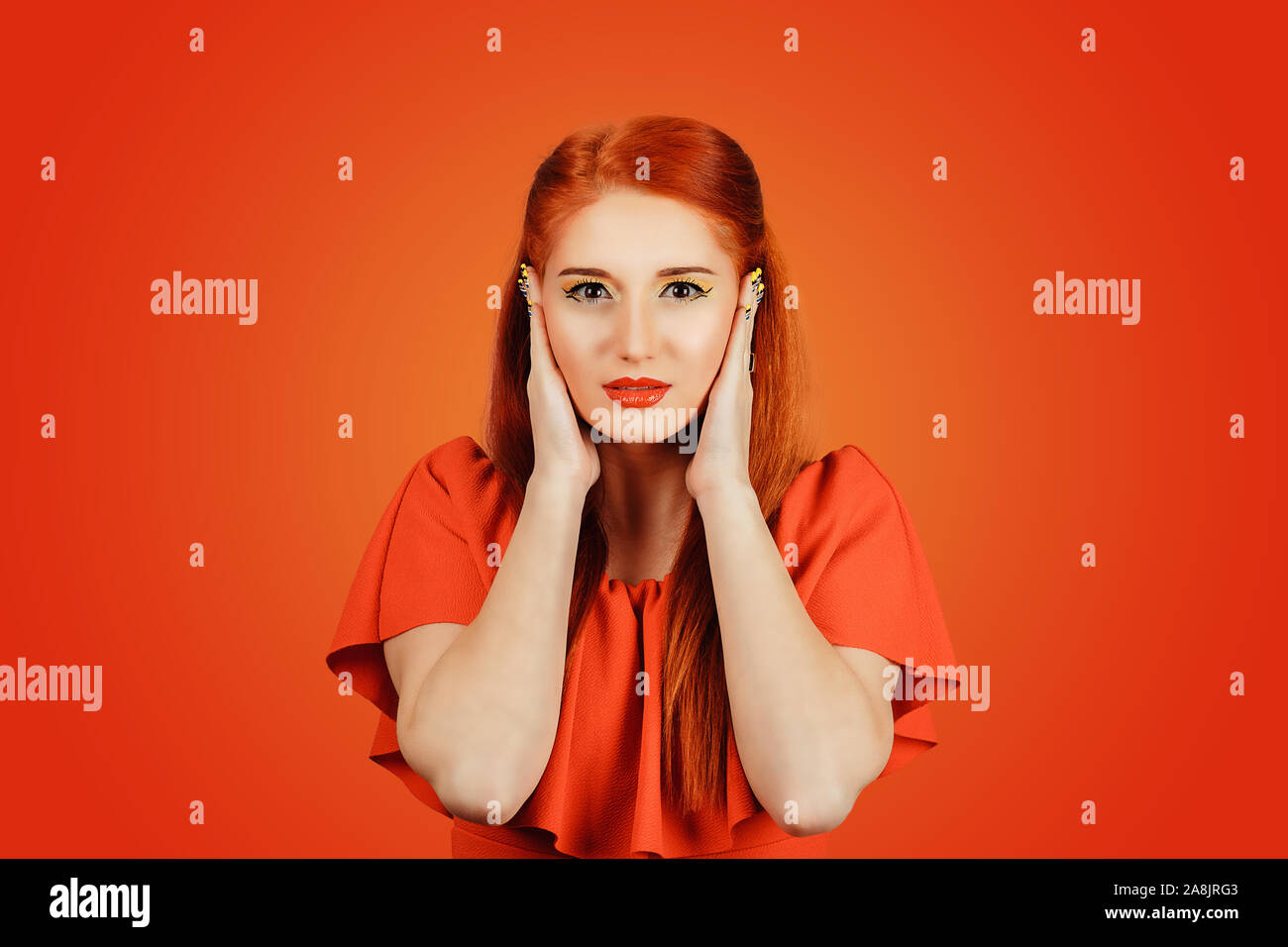 I do not want to hear anything. Closeup portrait attractive redhead