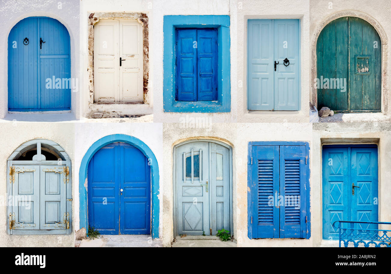 Set of blue and white doors on whitewashed buildings in Santorini, island of Greece in Europe. Tourism and traveling background. Santorini postcard co Stock Photo