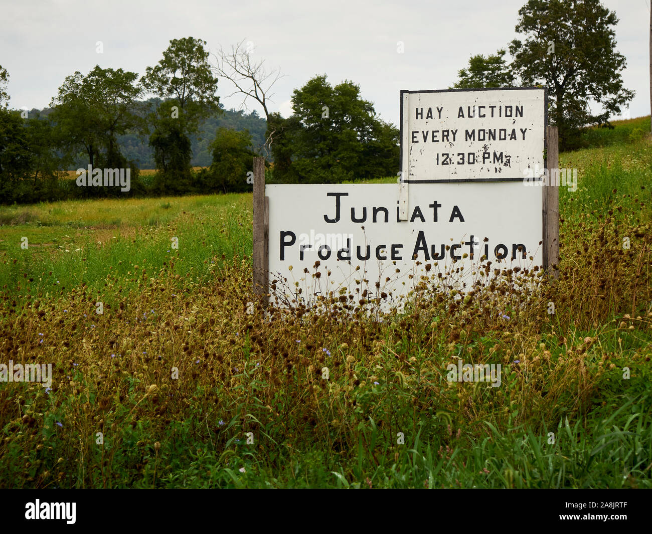 A hand lettered sign for the Juniata Produce Auction, an Amish