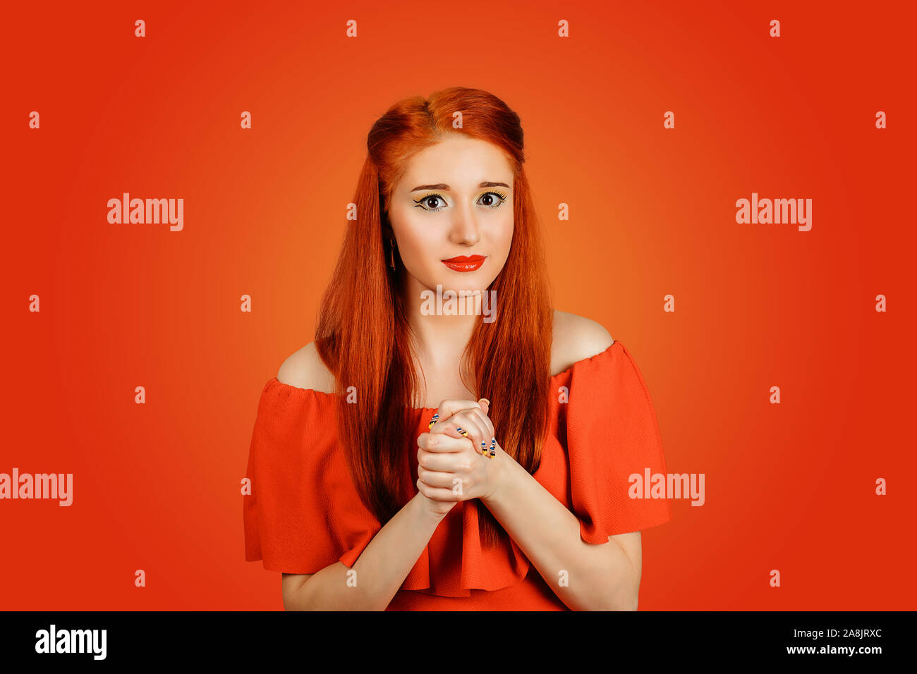 redhead orange dress Beautiful Voluptuous Redhead Fashion Model In Red Dress Smiling Stock Photo - Download Image Now