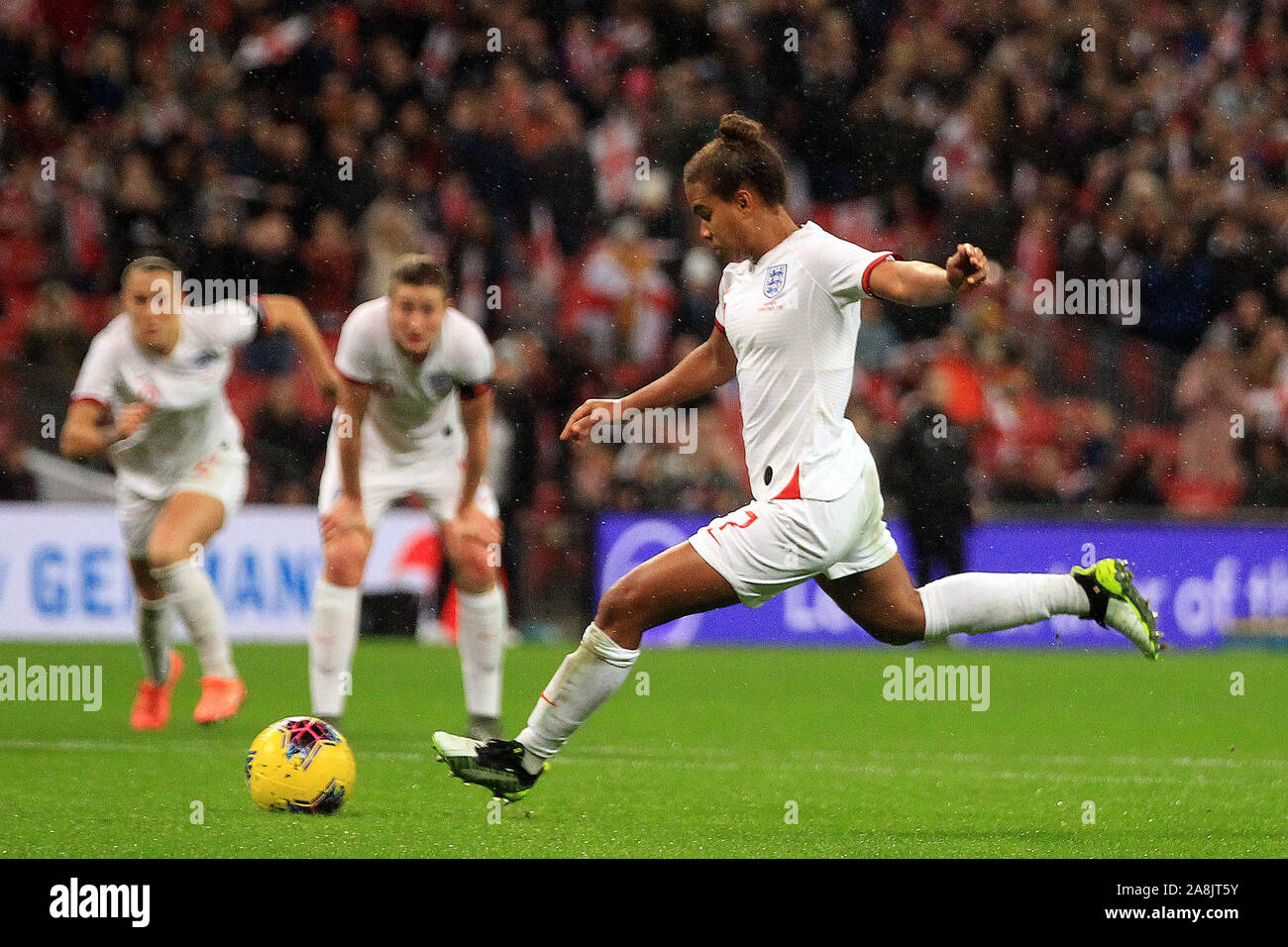 London, UK. 09th Nov, 2019.  Nikita Parris of England Women's takes a penalty but it is saved by Merle Frohms, the goalkeeper of Germany Women. England Women v Germany Women, international friendly match at the Wembley Stadium on Saturday 9th November 2019. this image may only be used for Editorial purposes. Editorial use only, license required for commercial use. No use in betting, games or a single club/league/player publications. pic by Steffan Bowen/Andrew Orchard sports photography/Alamy Live news Credit: Andrew Orchard sports photography/Alamy Live News Stock Photo