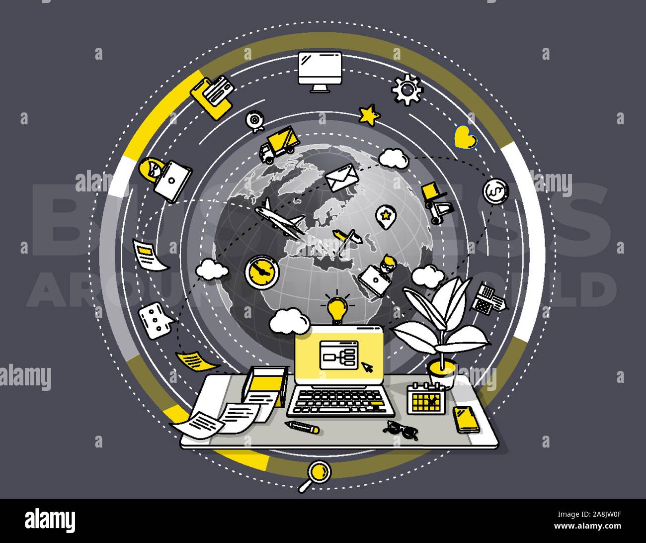 Modern, complex and dynamic illustration on the theme of business around the world. Perfect for creating a promotional poster of your services. Stock Vector