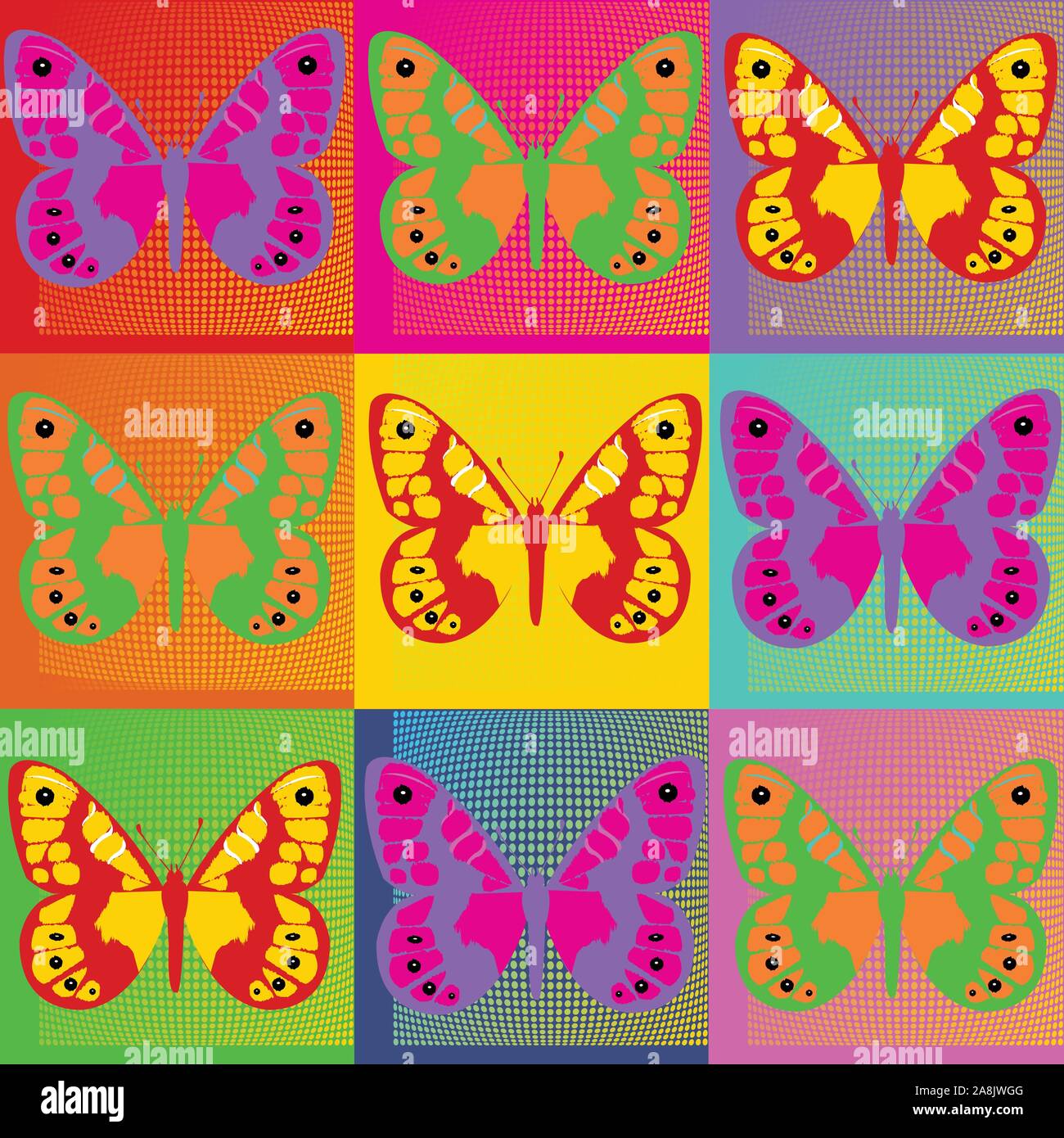 Pop Art Andy Warhol background illustration with butterflies, vector Stock Vector