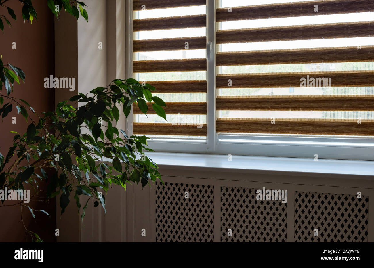 Day and Night roller blinds for windows. Stock Photo