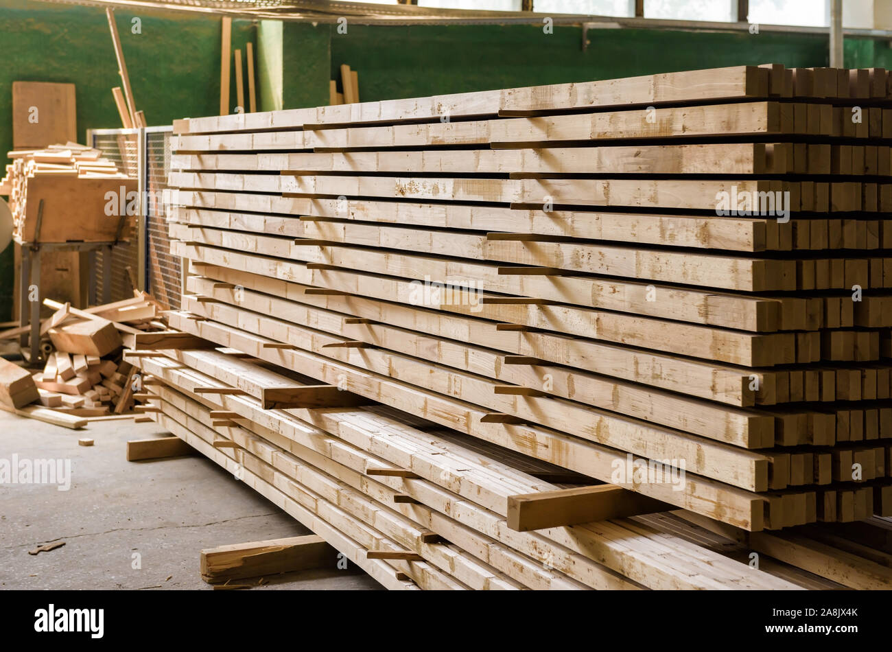 Warehousing and storage of lumber. Boards are stacked by caliber. Stock Photo