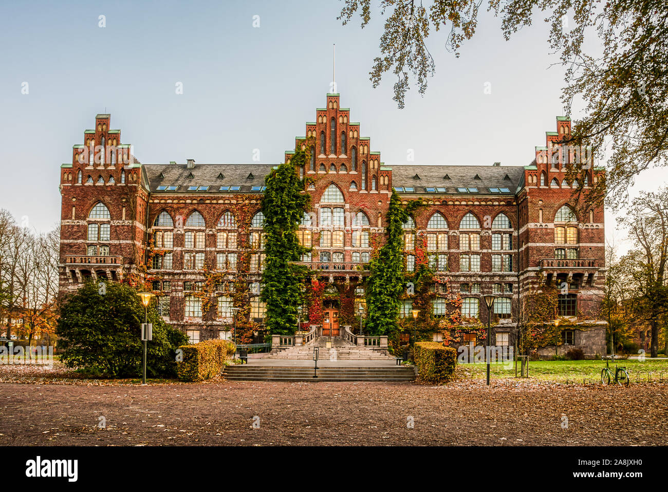 The university library in Lund an early morning in autumn colours, Lund, Sweden, October 30, 2019 Stock Photo