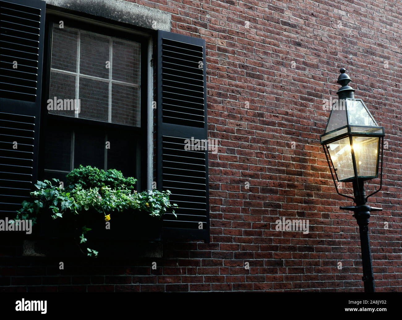 Back Bay gas lamp and window - Boston, Massachusetts Stock Photo