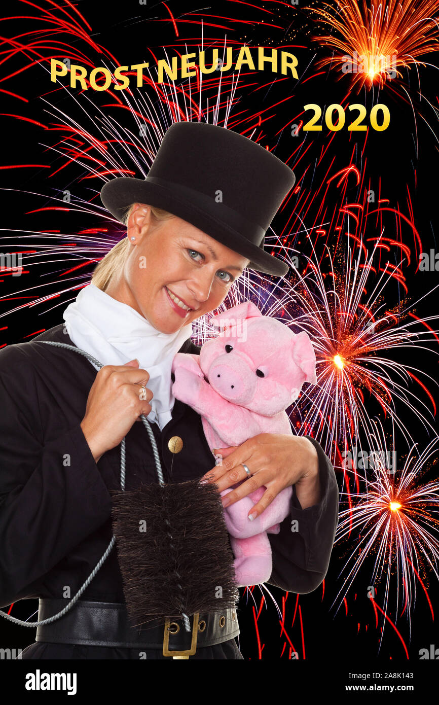 Frau als Schornsteinfeger. Gluecksbringer zu Silvester und zum Jahreswechsel,  2020, Schwein, Gluecksbringer, Happy New Year, Frohes Neues Jahr,Feuerwe  Stock Photo - Alamy