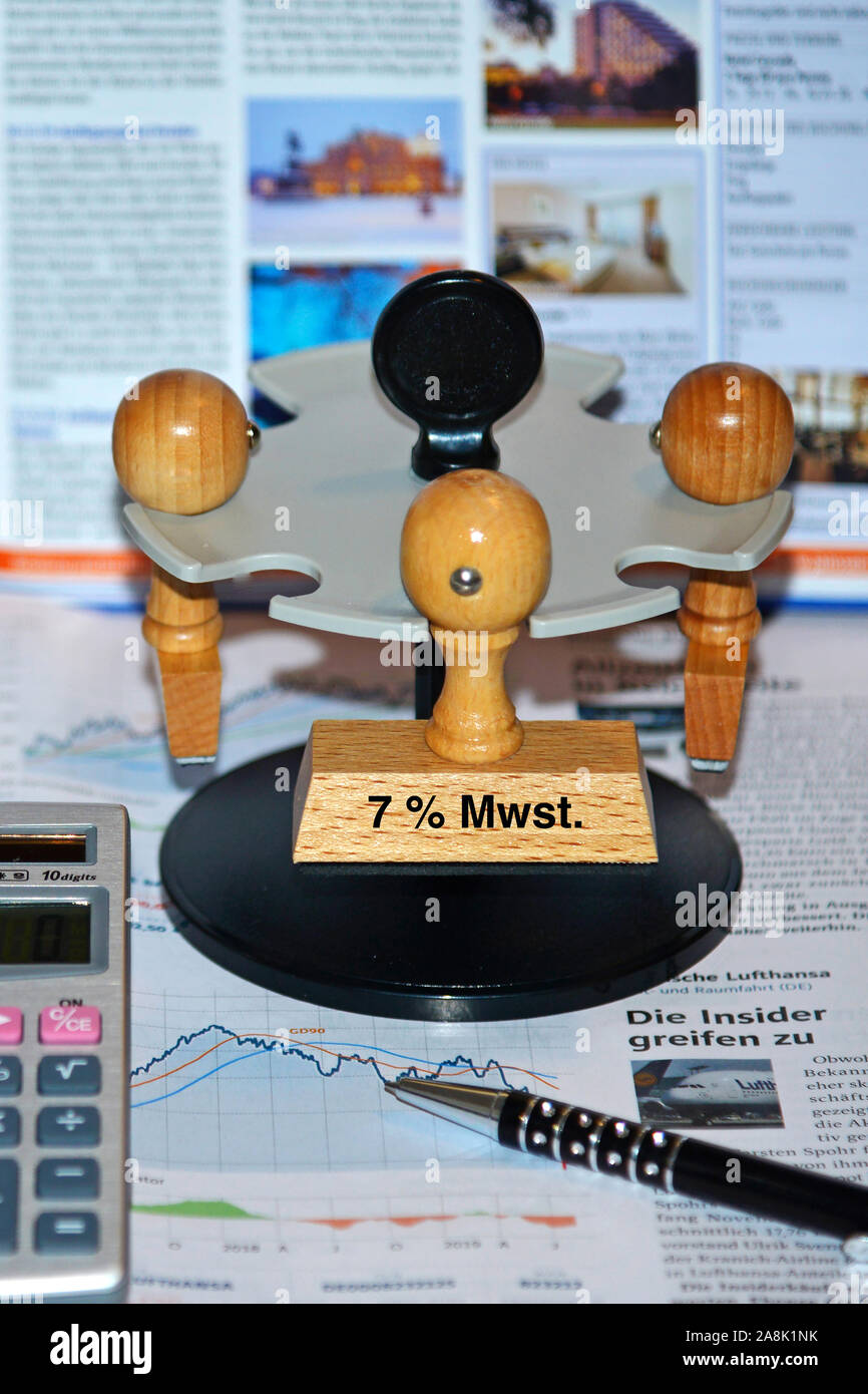 Stempel mit der Aufschrift: 7% Mwst. , Mehrwertsteuer, Stock Photo