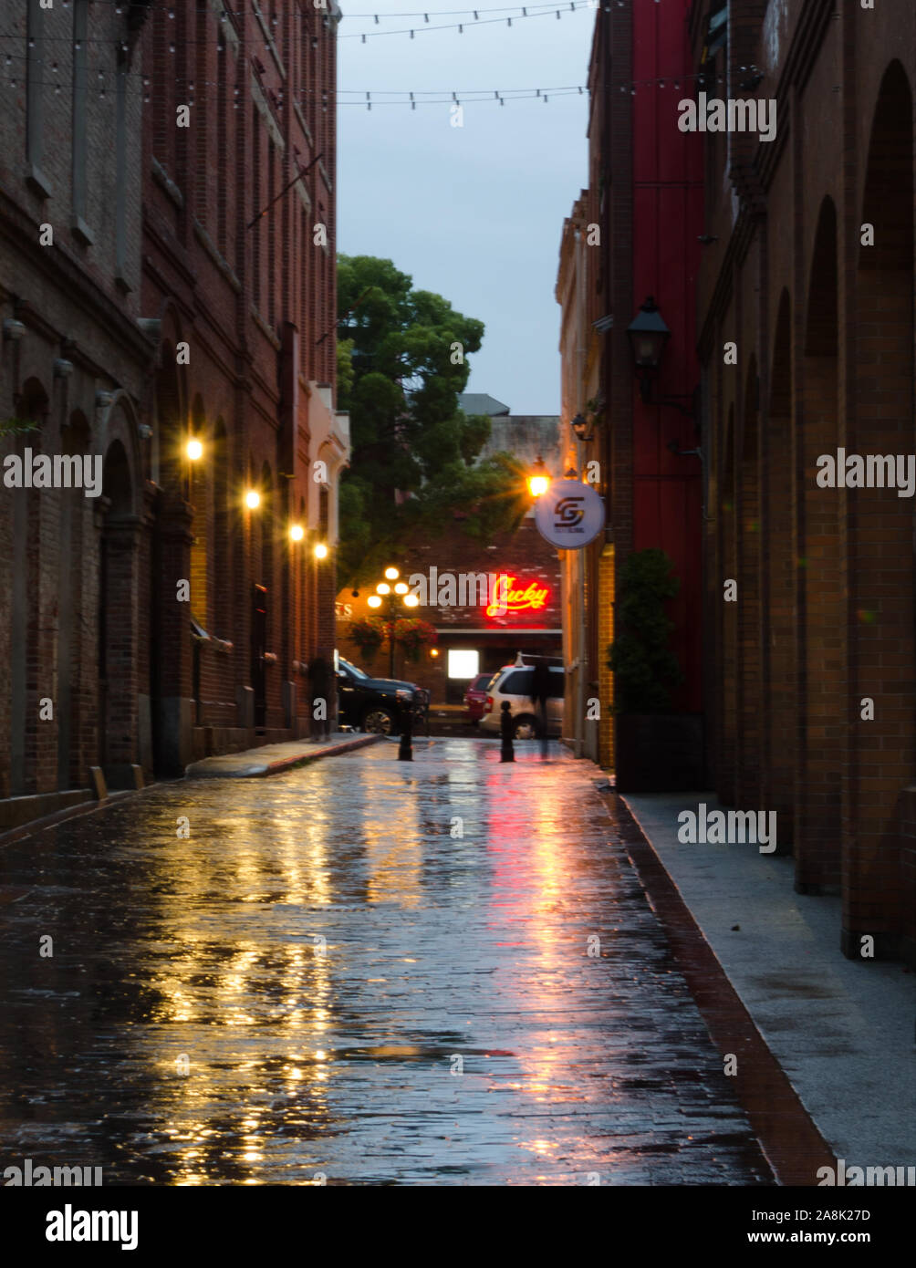 A rainy back alley in Victoria, BC, Canada Stock Photo