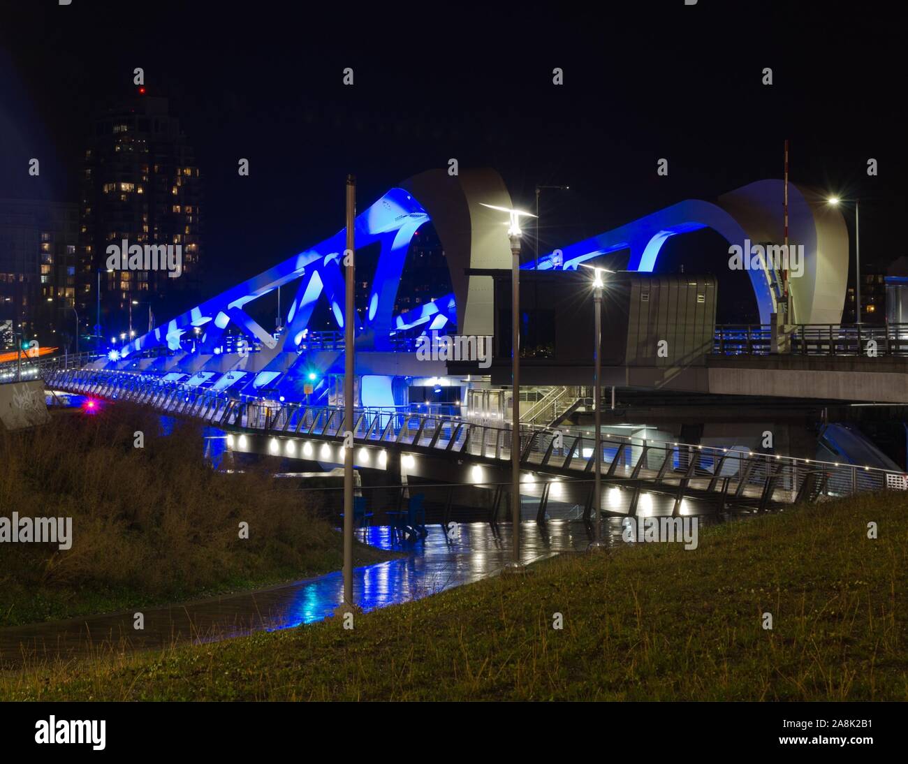 The beautiful new Johnson Street Bridge in downtown Victoria, BC, Canada, at night. Stock Photo
