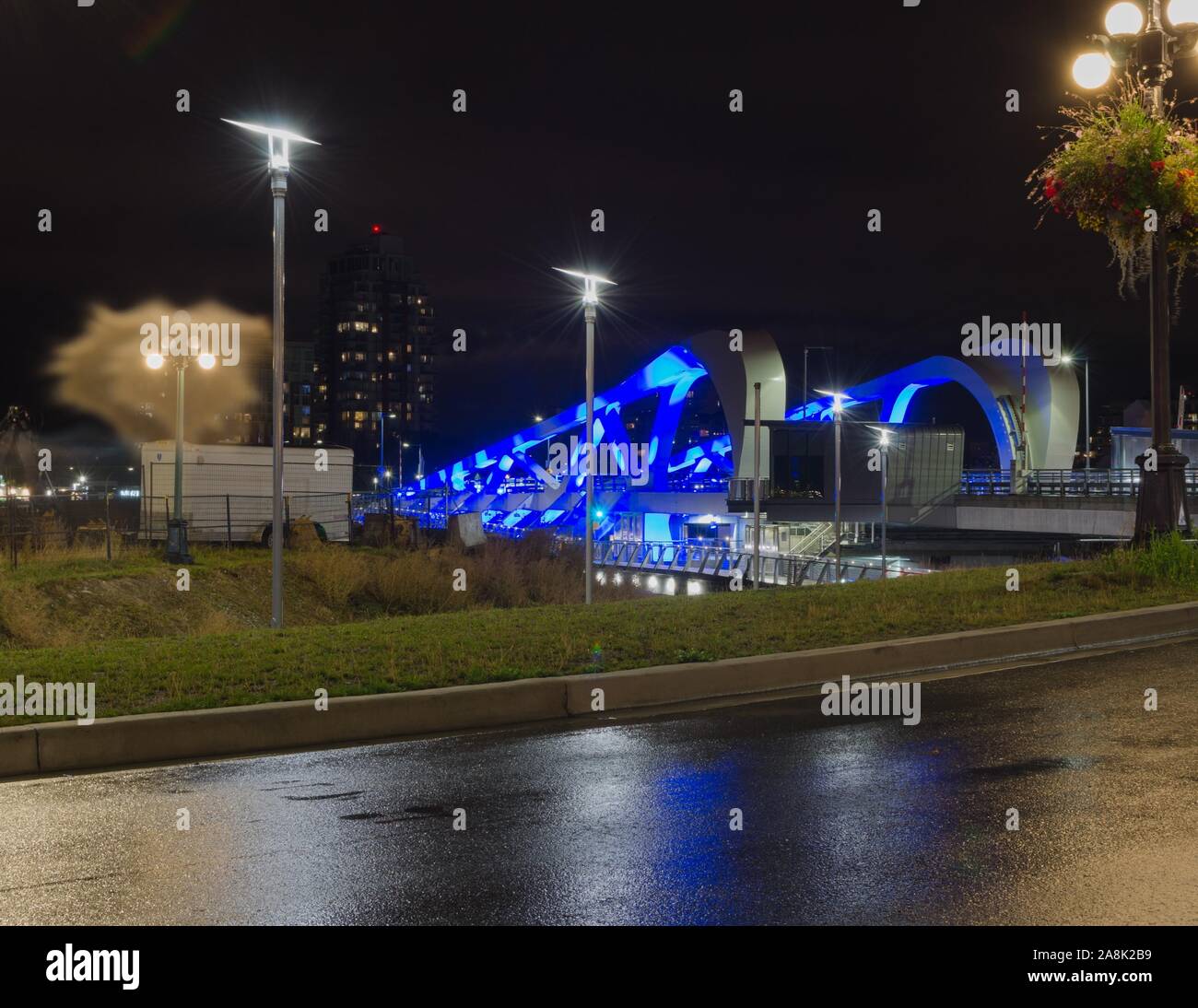 The beautiful new Johnson Street Bridge in downtown Victoria, BC, Canada, at night. Stock Photo