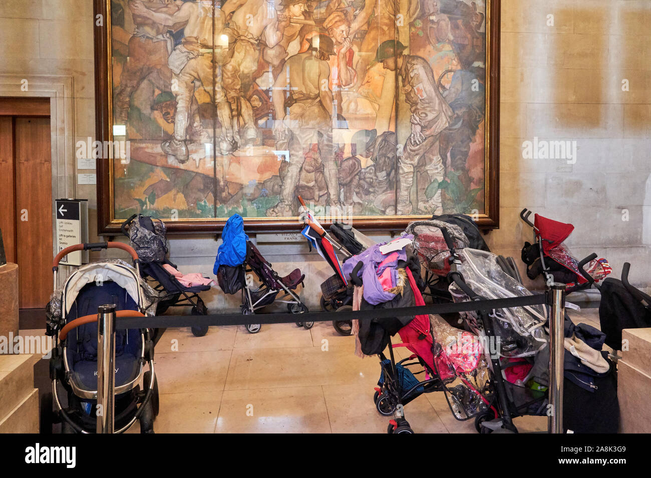Pushchairs parked in an area of the main lobby of The National Museum Cardiff Stock Photo