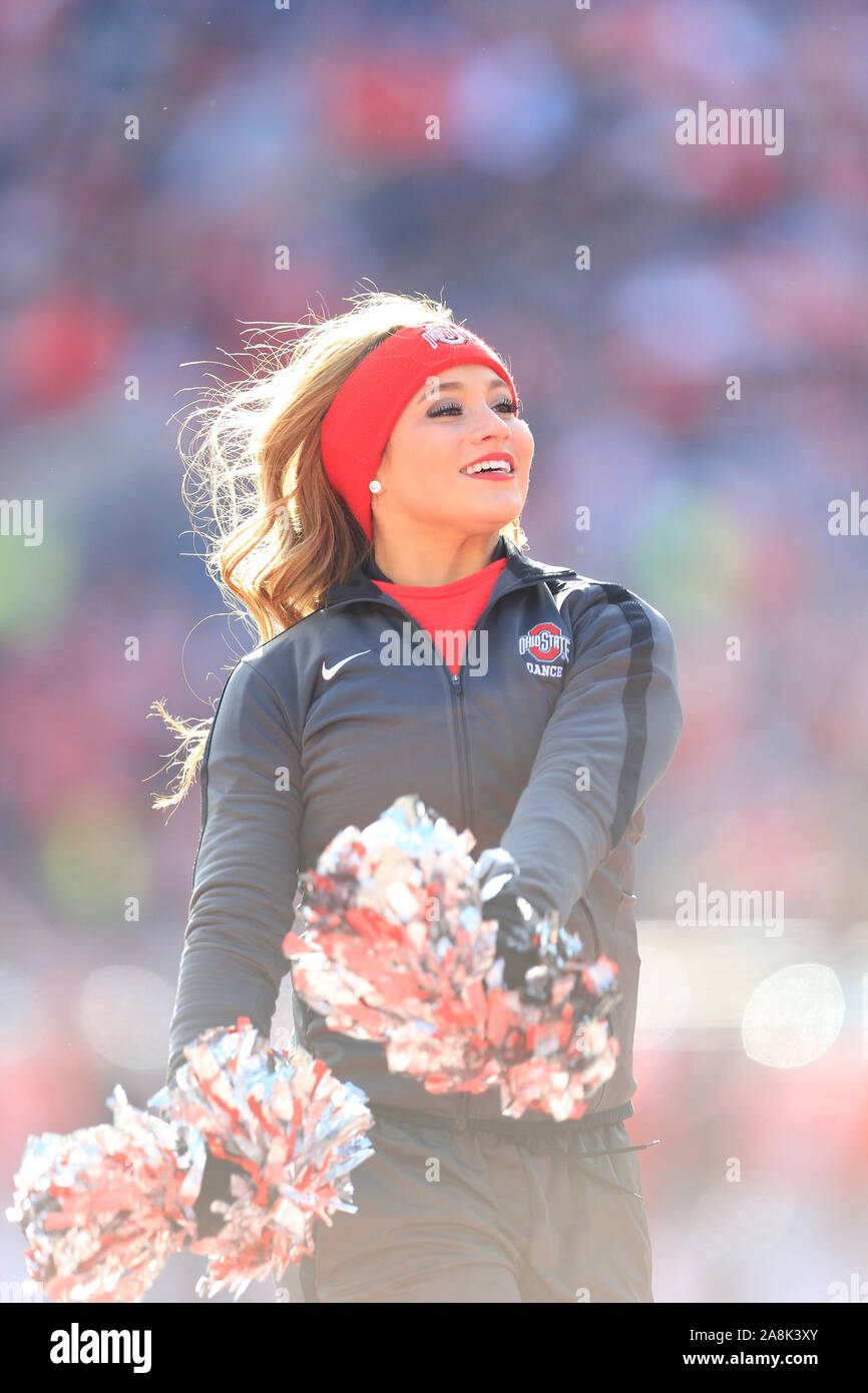 Columbus, Ohio, USA. 9th Nov, 2019. Ohio State Buckeyes cheerleader performing during the NCAA football game between the Maryland Terrapins & Ohio State Buckeyes at Ohio Stadium in Columbus, Ohio. JP Waldron/Cal Sport Media/Alamy Live News Stock Photo