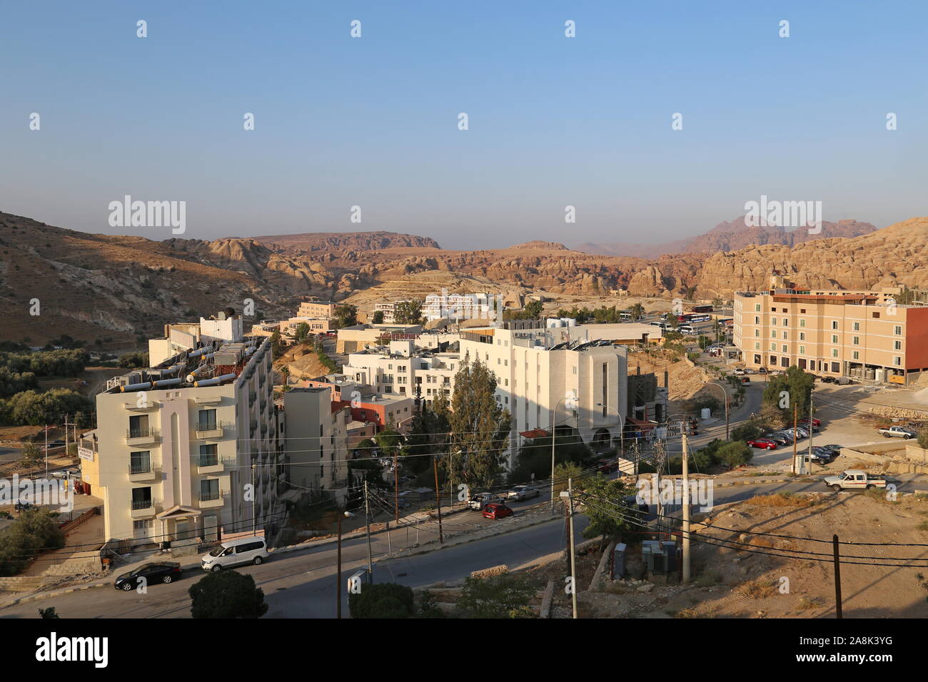View from Candles Hotel, Wadi Musa, Ma'an Governorate, Jordan, Middle East Stock Photo