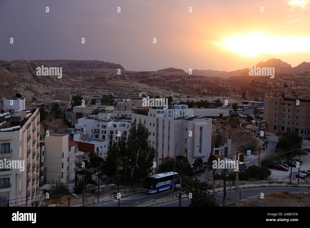 Sunset from Candles Hotel, Wadi Musa, Ma'an Governorate, Jordan, Middle East Stock Photo