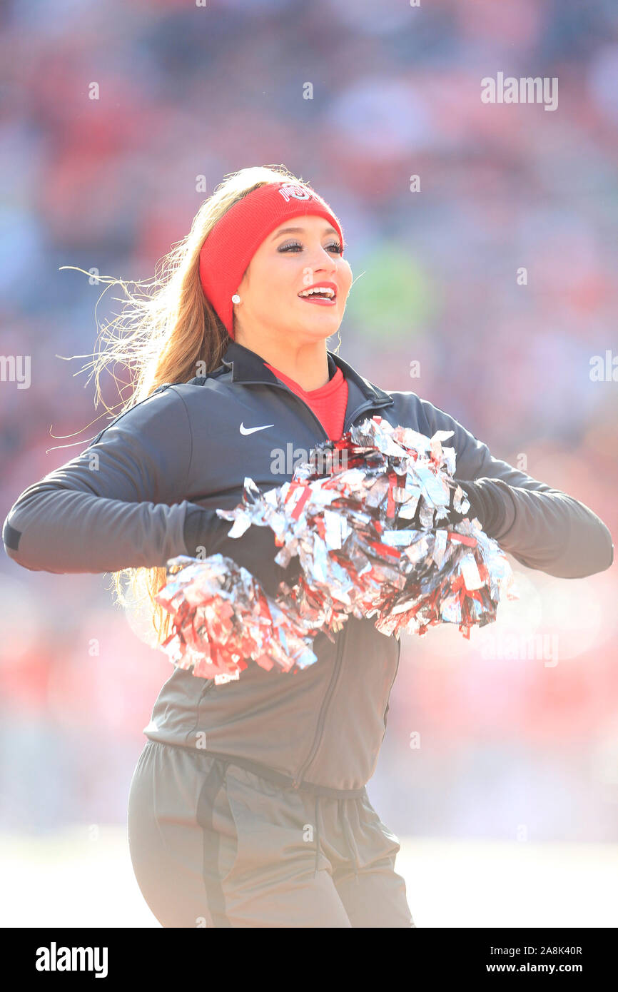 Columbus, Ohio, USA. 9th Nov, 2019. Ohio State Buckeyes cheerleader performing during the NCAA football game between the Maryland Terrapins & Ohio State Buckeyes at Ohio Stadium in Columbus, Ohio. JP Waldron/Cal Sport Media/Alamy Live News Stock Photo