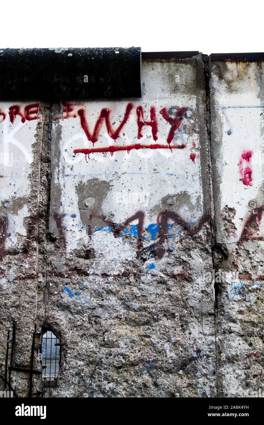 A message on the Berlin Wall, Berlin.  'Why.' Stock Photo