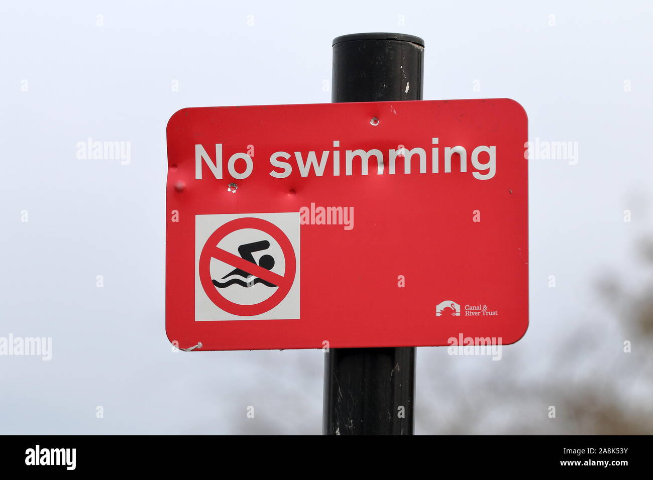 Red No Swimming sign mounted on a black pole Stock Photo