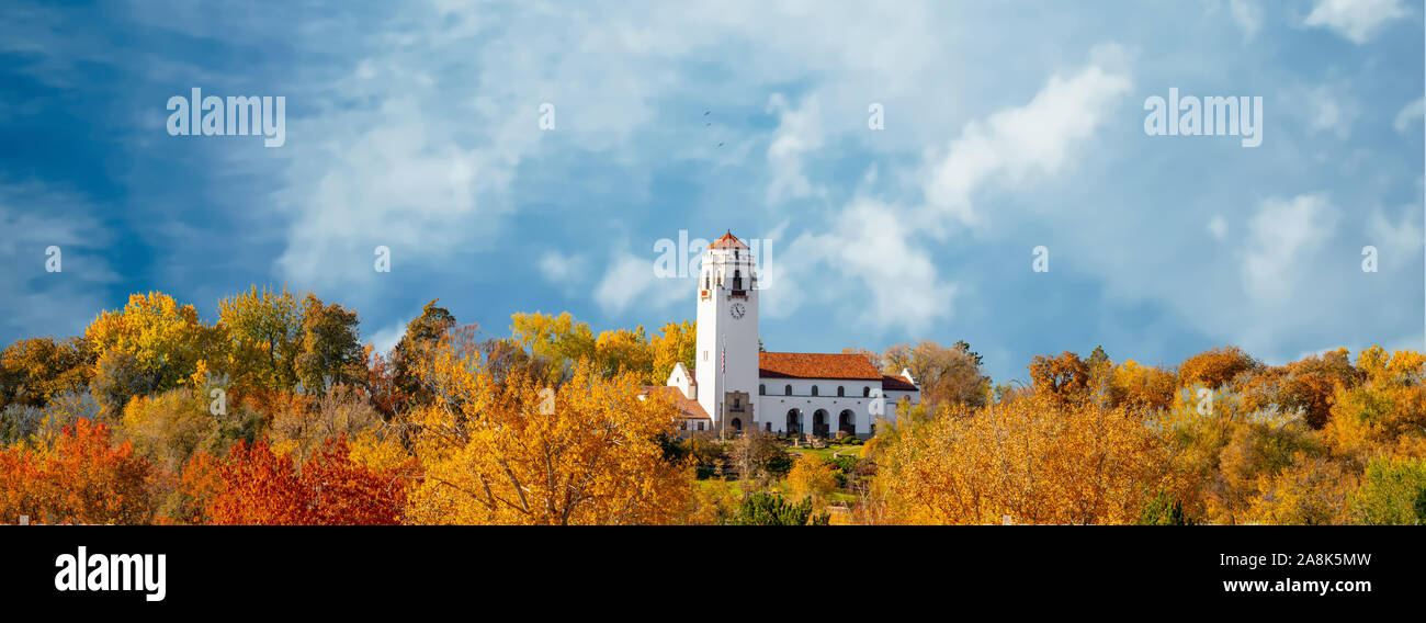 Fall Colors Frame The Clocktower Of Boise Train Depot In Idaho