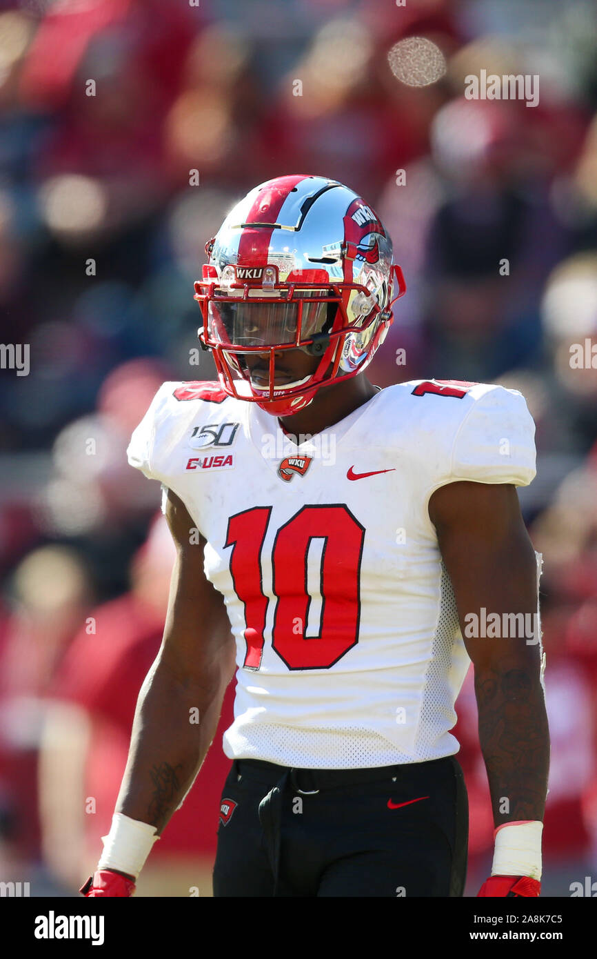 November 9, 2019: DeAngelo Malone #10 Hilltoppers defense lineman glances  to the sidelines for the defensive signal. Western Kentucky defeated  Arkansas 45-19 in Fayetteville, AR, Richey Miller/CSM Stock Photo - Alamy