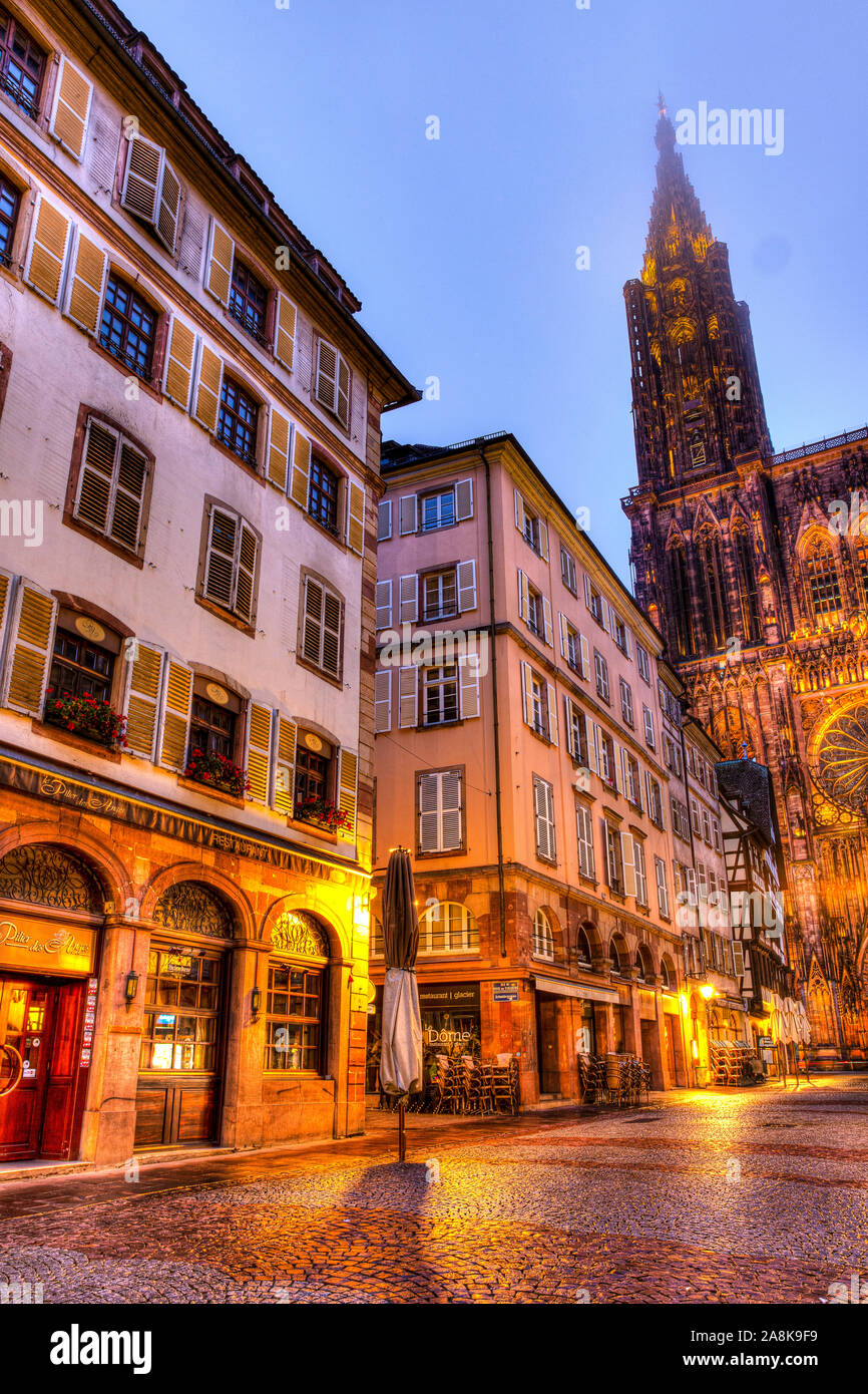 Street and Strasbourg Cathedral Stock Photo