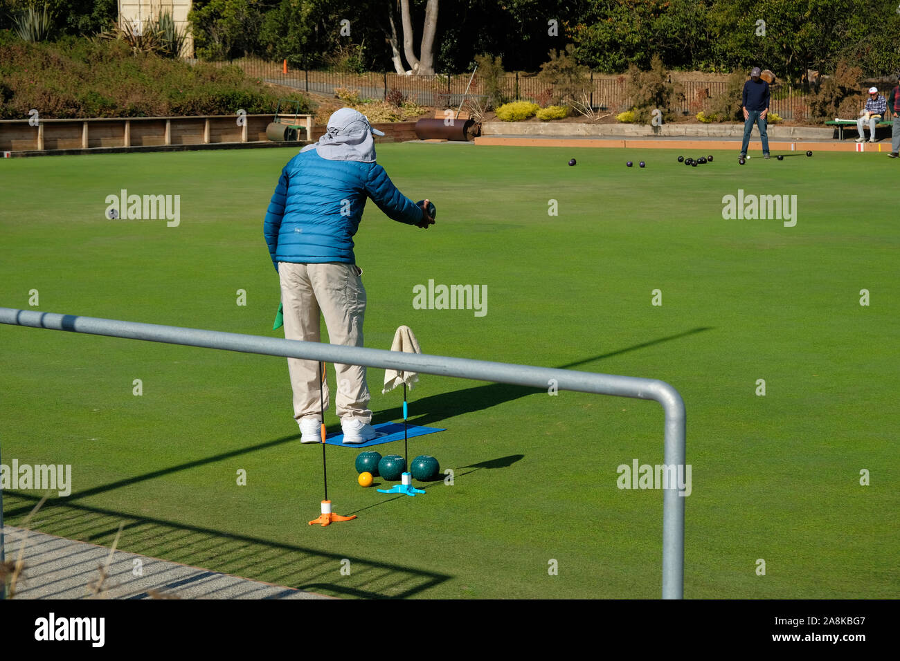 Man playing lawn bowling at Golden Gate Park in San Francisco, California. Stock Photo