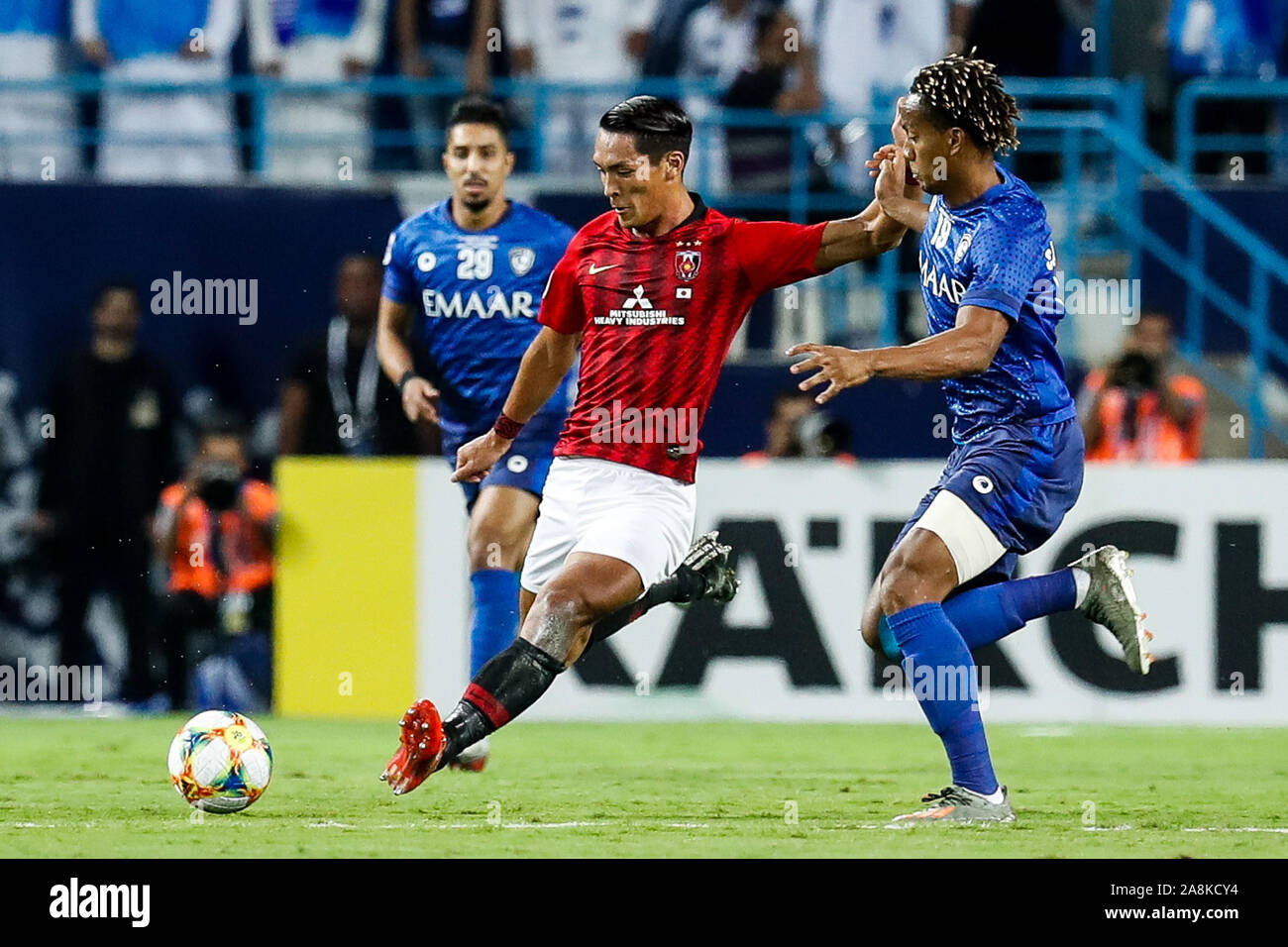 Riyadh, Saudi Arabia. 9th Nov, 2019. Daisuke Suzuki (C) of Urawa Red  Diamonds shoots during the first leg of 2019 AFC Champions League final  between Saudi Arabia's Al-Hilal and Japan's Urawa Red