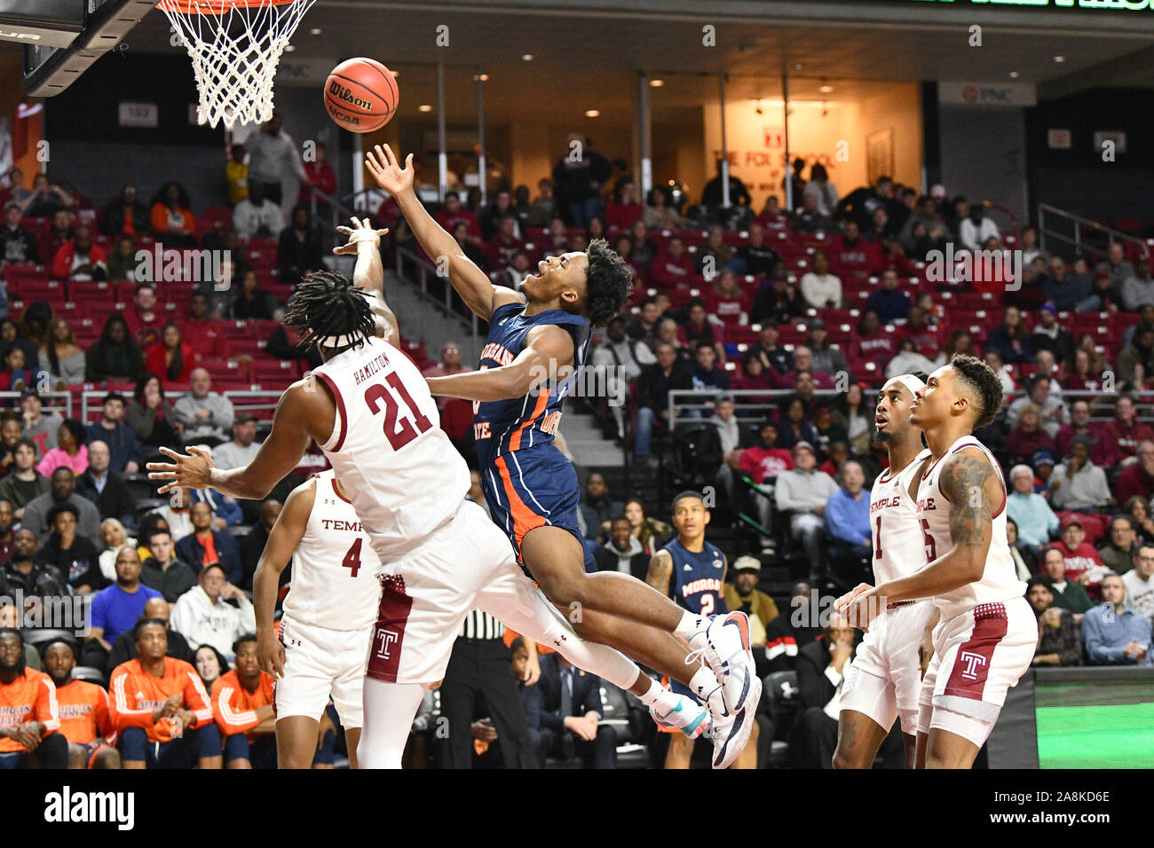 Philadelphia, Pennsylvania, USA. 9th Nov, 2019. Morgan State Bears guard SHERWYN DEVONISH-PRINCE JR (5) puts up a shot as Temple Owls forward JUSTYN HAMILTON (21) defends during the basketball game played at the Liacouras Center in Philadelphia. Temple beat Morgan State 75-57. Credit: Ken Inness/ZUMA Wire/Alamy Live News Stock Photo