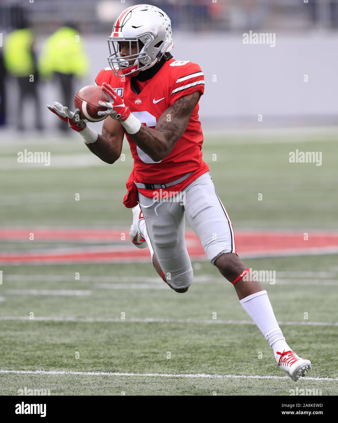 Columbus, United States. 09th Nov, 2019. Ohio State Buckeye's Jameson WIlliams (6) makes a catch against the Maryland Terrapins Saturday, November 9, 2019 in Columbus, Ohio. Photo by Aaron Josefczyk/UPI Credit: UPI/Alamy Live News Stock Photo