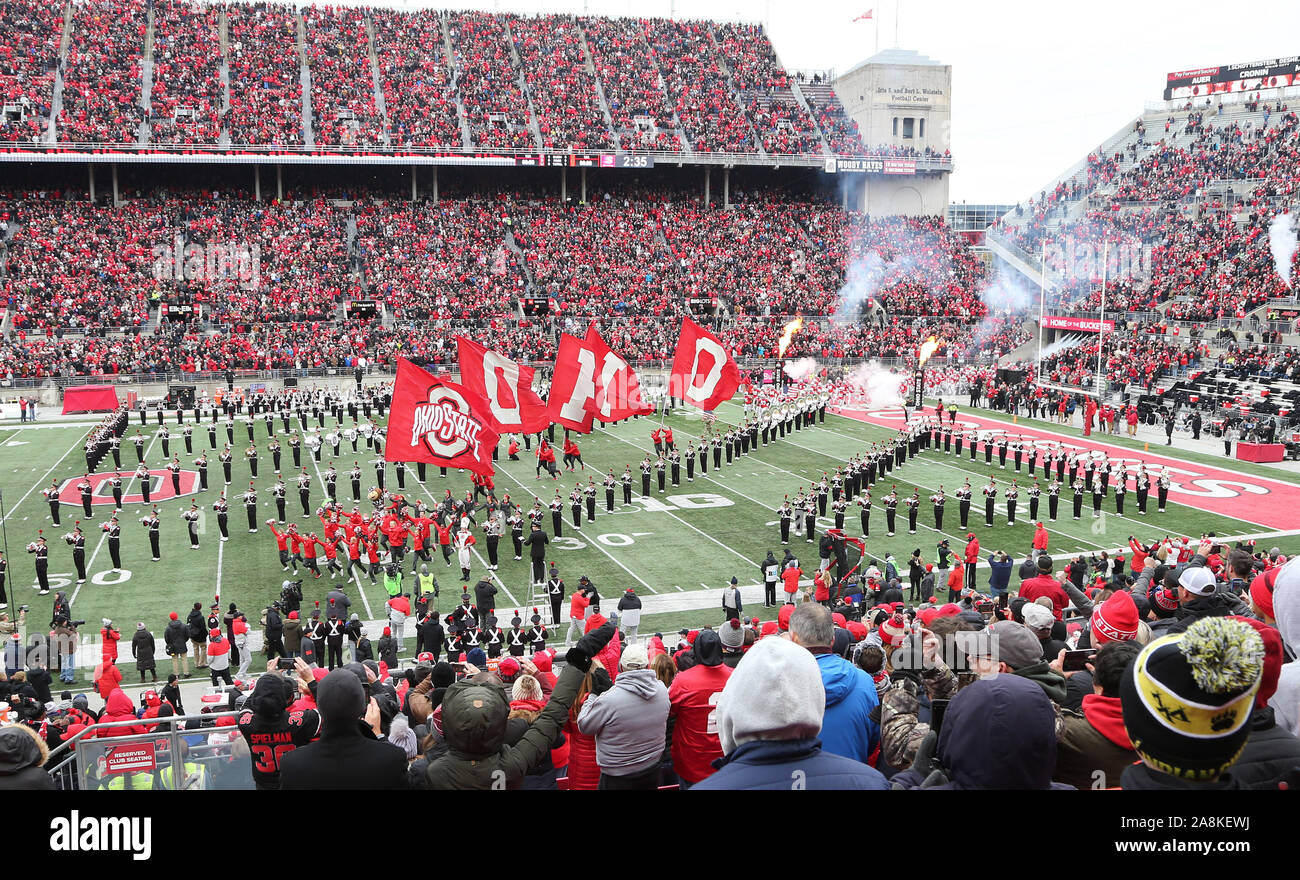 Columbus, United States. 09th Nov, 2019. The Ohio State Buckeyes take the field against the Maryland Terrapins Saturday, November 9, 2019 in Columbus, Ohio. Photo by Aaron Josefczyk/UPI Credit: UPI/Alamy Live News Stock Photo