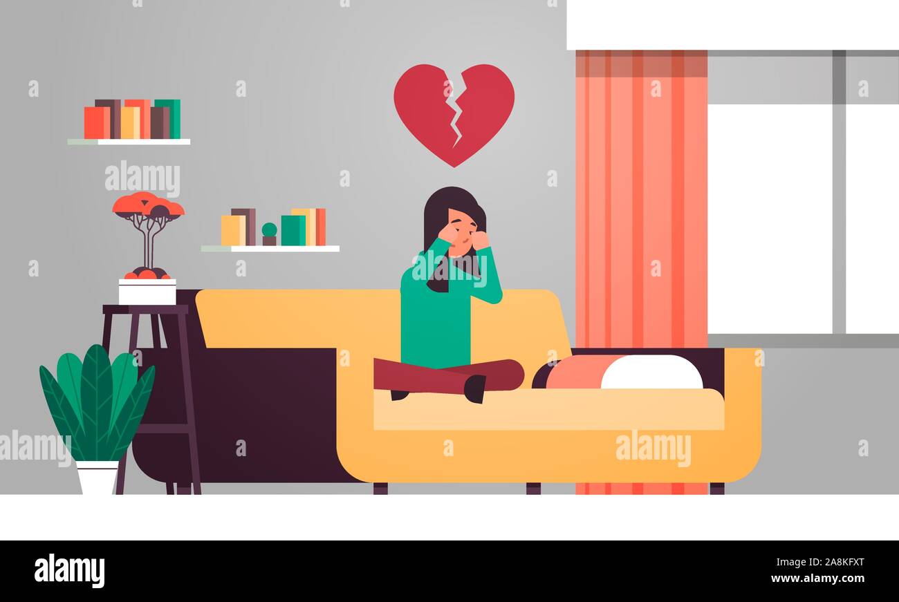 heartbroken woman in depression sitting on couch and crying life crisis break up divorce betrayal concept sad girl with broken heart modern living room interior flat horizontal vector illustration Stock Vector