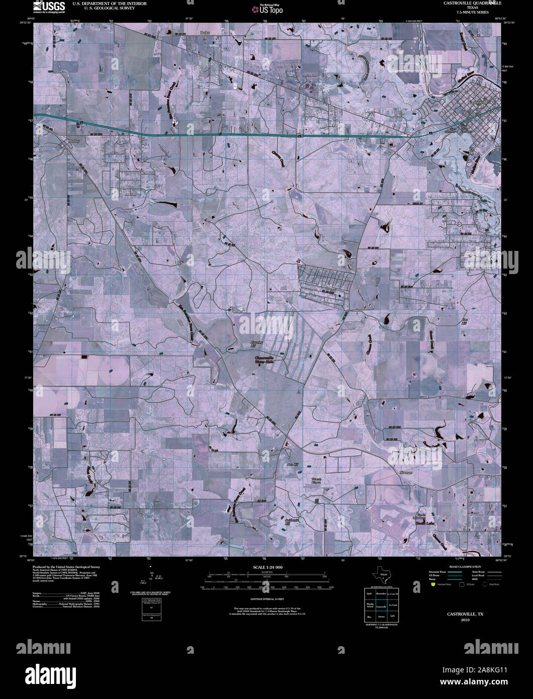 USGS TOPO Map Texas TX Castroville 20100514 TM Inverted Restoration Stock Photo
