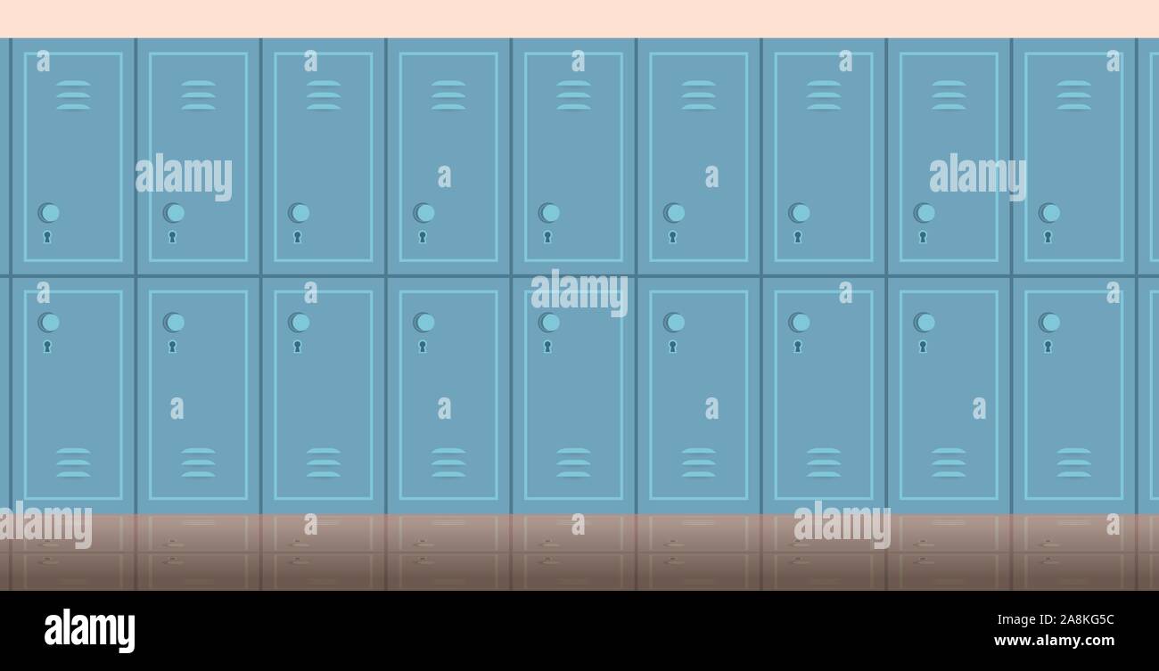 empty school corridor interior with row of lockers horizontal flat vector illustration Stock Vector