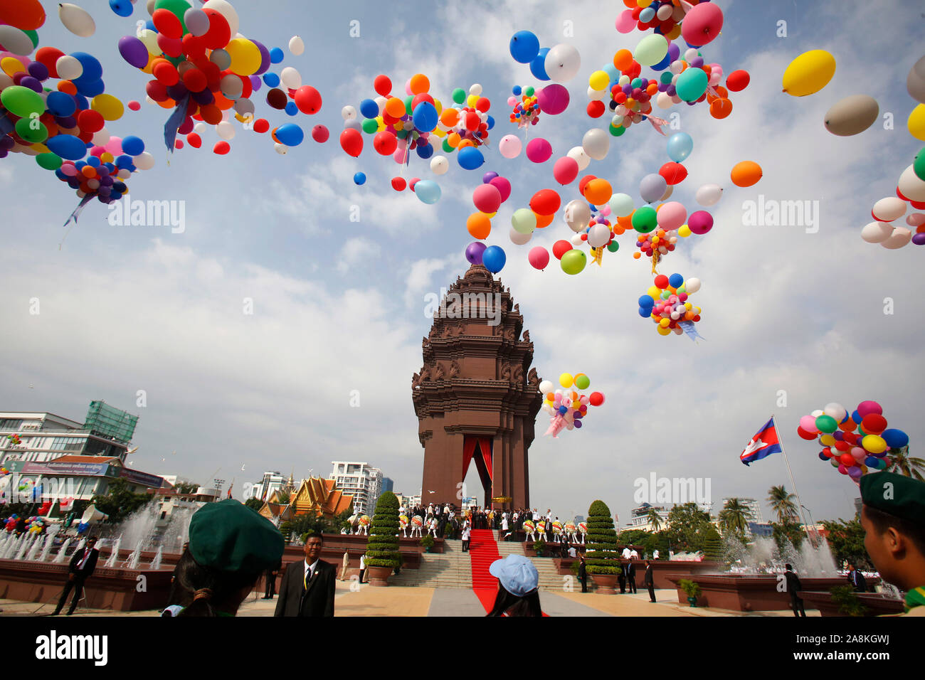 Beijing, Cambodia. 9th Nov, 2019. Balloons are released during the Independence Day celebration in Phnom Penh, Cambodia, Nov. 9, 2019. Cambodia commemorated the 66th anniversary of independence from the French colonial rule on Saturday. Credit: Sovannara/Xinhua/Alamy Live News Stock Photo
