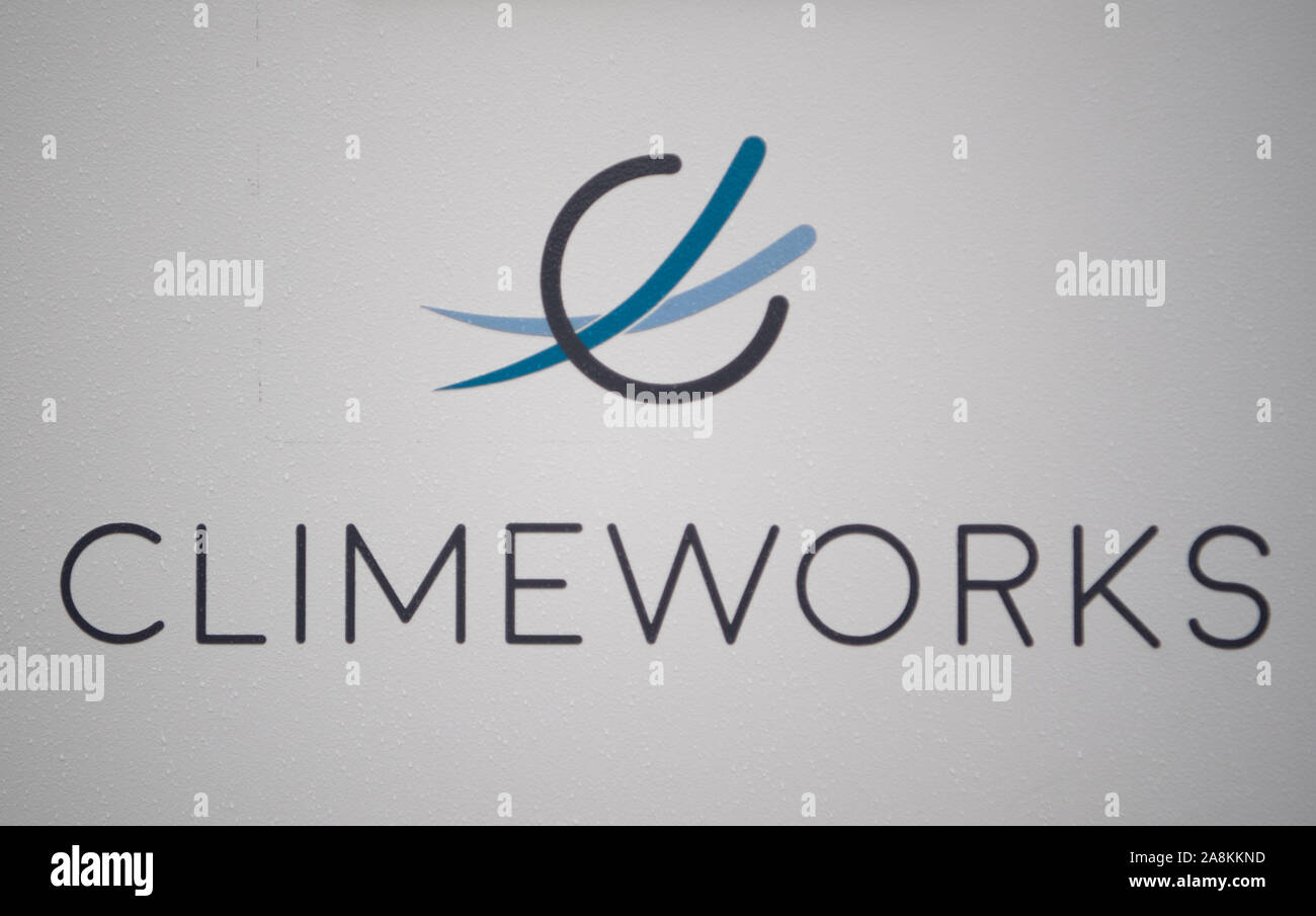 Eggenstein Leopoldshafen, Germany. 06th Nov, 2019. The Climeworks logo can be seen on a research facility that uses Power-to-X (P2X) technologies to convert electricity from renewable sources and material resources such as water and carbon dioxide into fuels. Credit: Marijan Murat/dpa/Alamy Live News Stock Photo